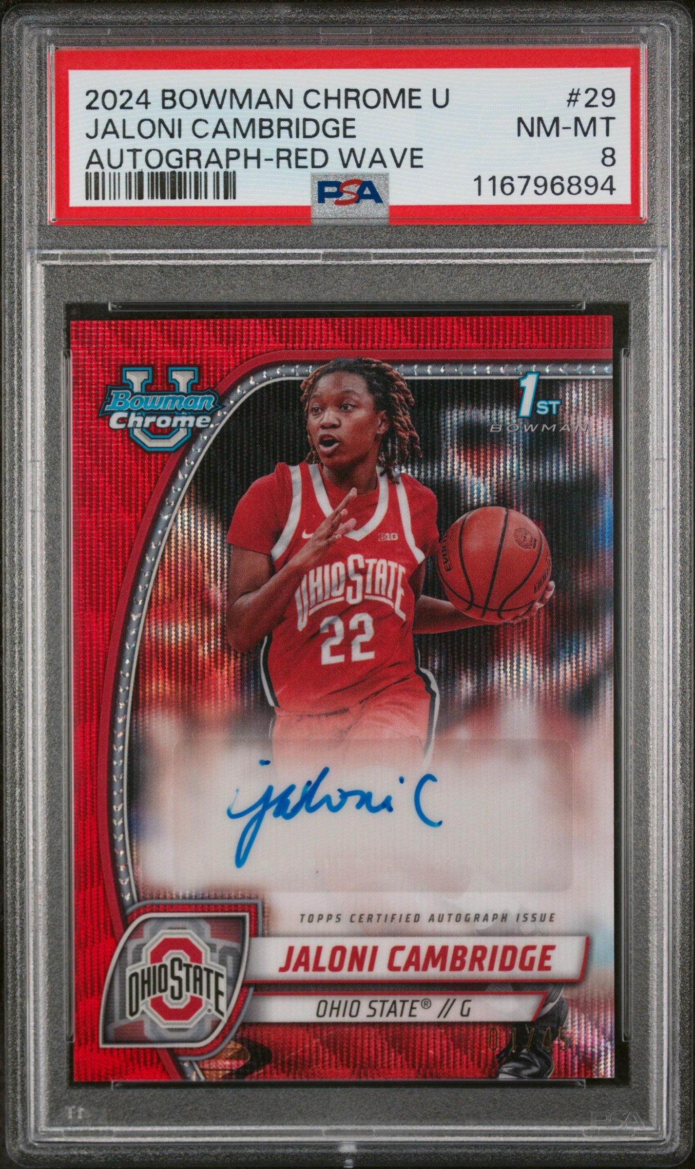 2024 Topps Bowman Chrome U Red Wave Jaloni Cambridge #29 Auto PSA 8