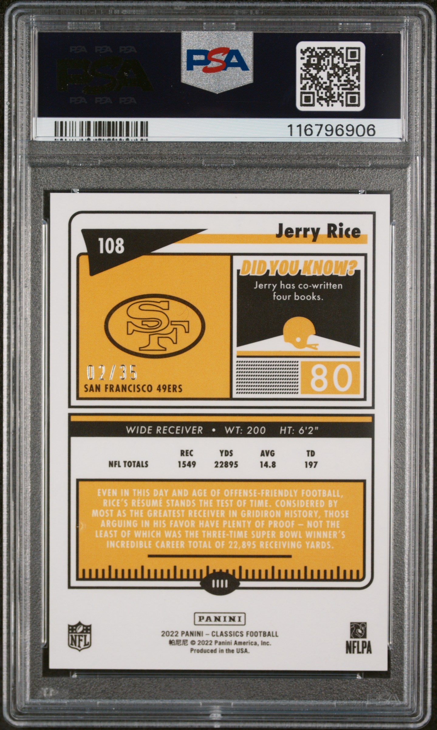 2022 Panini Classics Timeless Tributes H2 Red Jerry Rice #108 /35 PSA 8