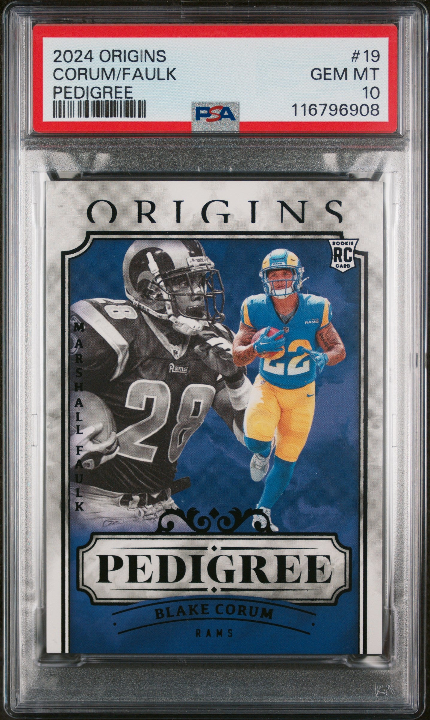 2024 Panini Origins Pedigree Blake Corum/Marshall Faulk #19 RC PSA 10