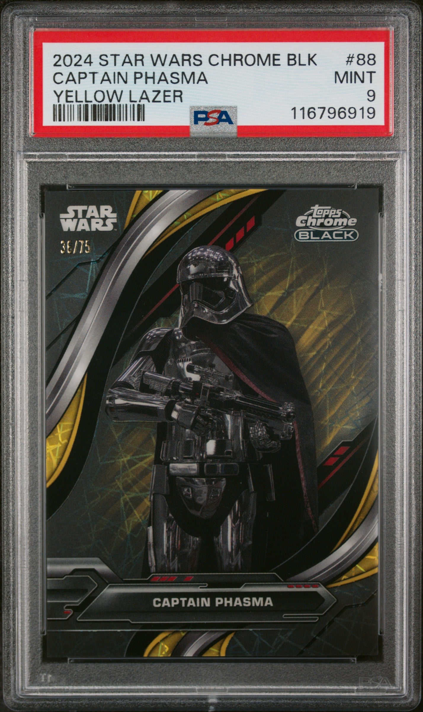 2024 Topps Star Wars Chrome Black Yellow Lazer Captain Phasma #88 /75 PSA 9