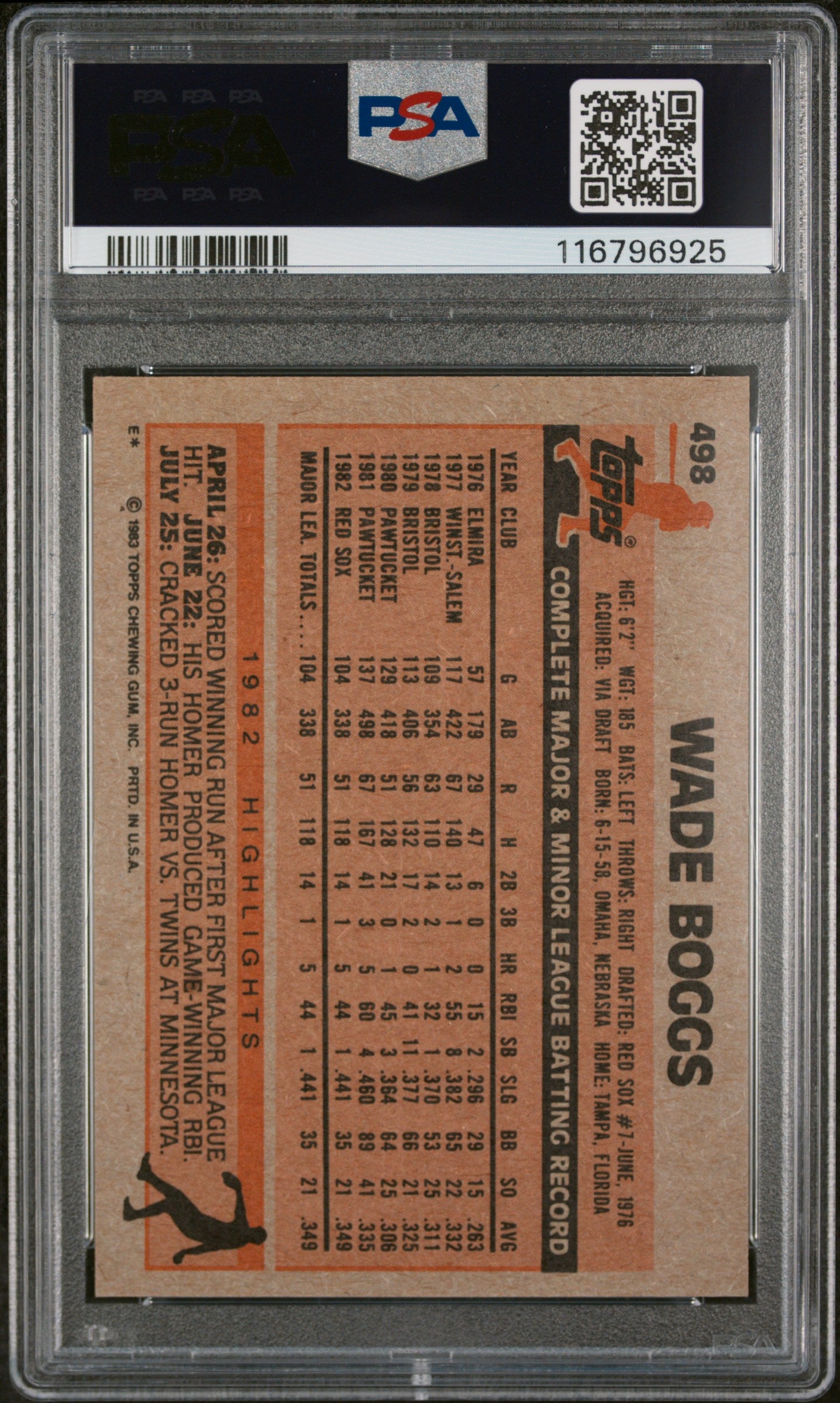1983 Topps Wade Boggs #498 RC PSA 8
