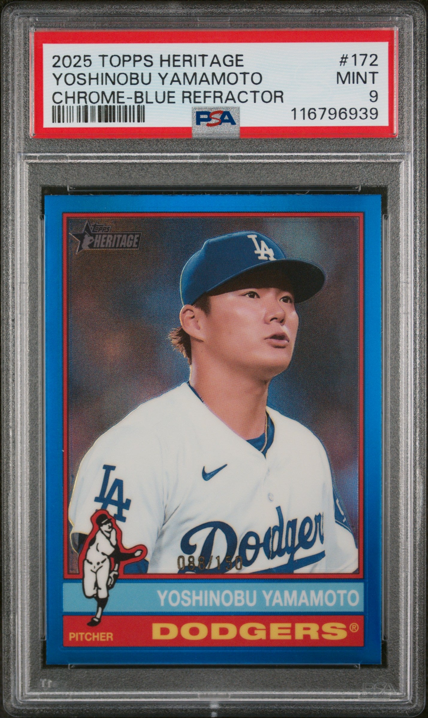 2025 Topps Heritage Chrome Blue Refractor Yoshinobu Yamamoto #172 /150 PSA 9