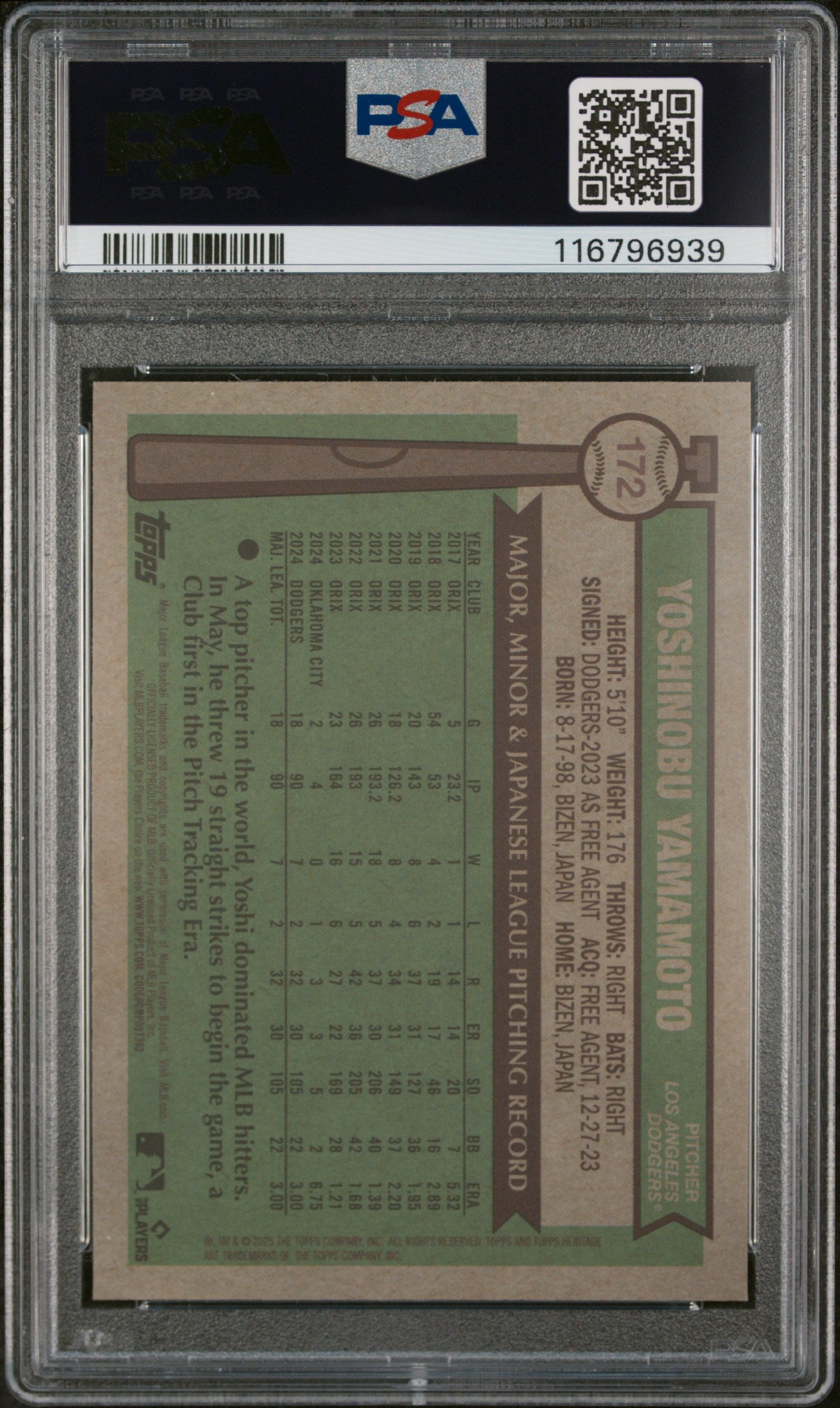 2025 Topps Heritage Chrome Blue Refractor Yoshinobu Yamamoto #172 /150 PSA 9