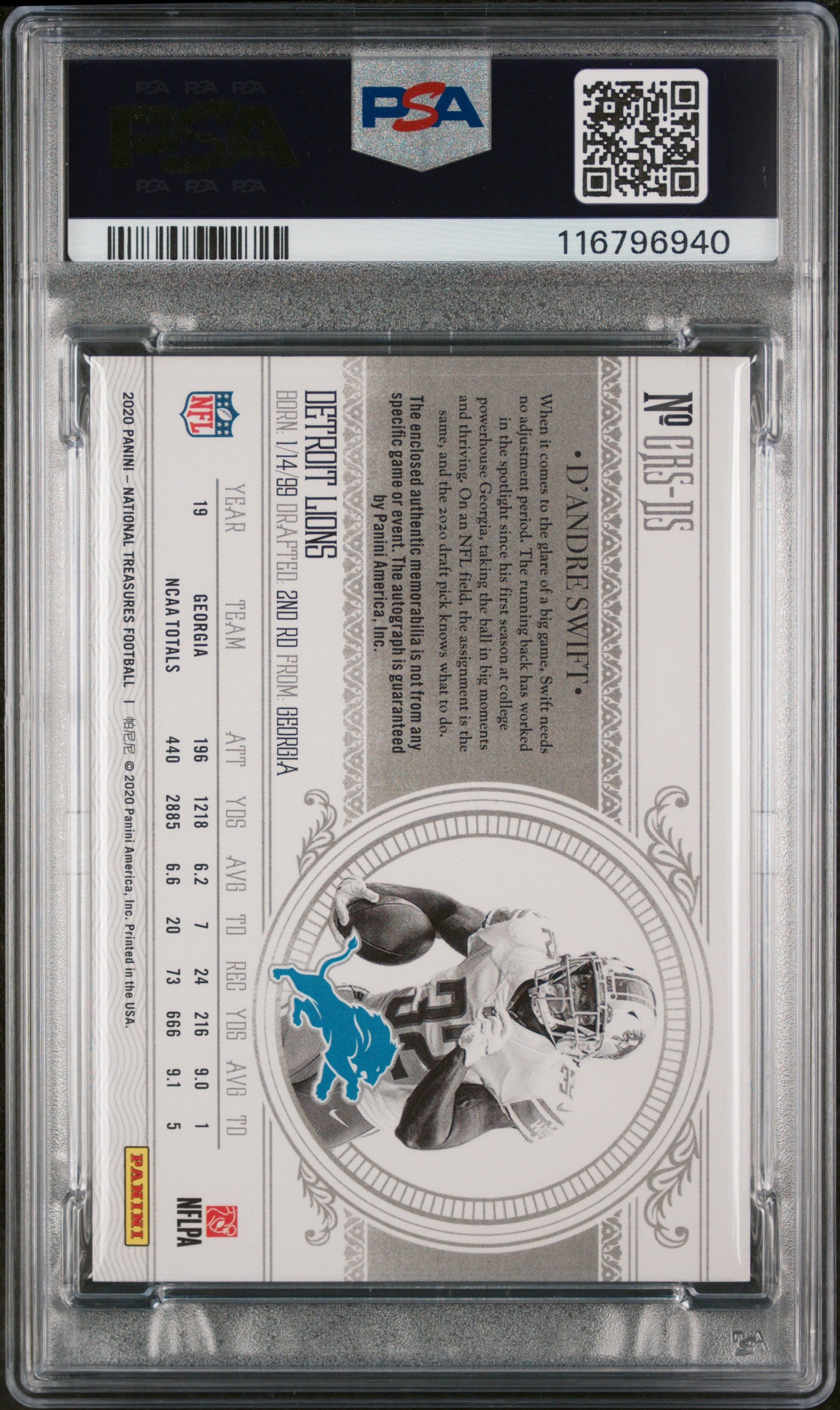 2020 Panini National Treasures Crossover D'Andre Swift #CRS-DS RC RPA /99 PSA 9