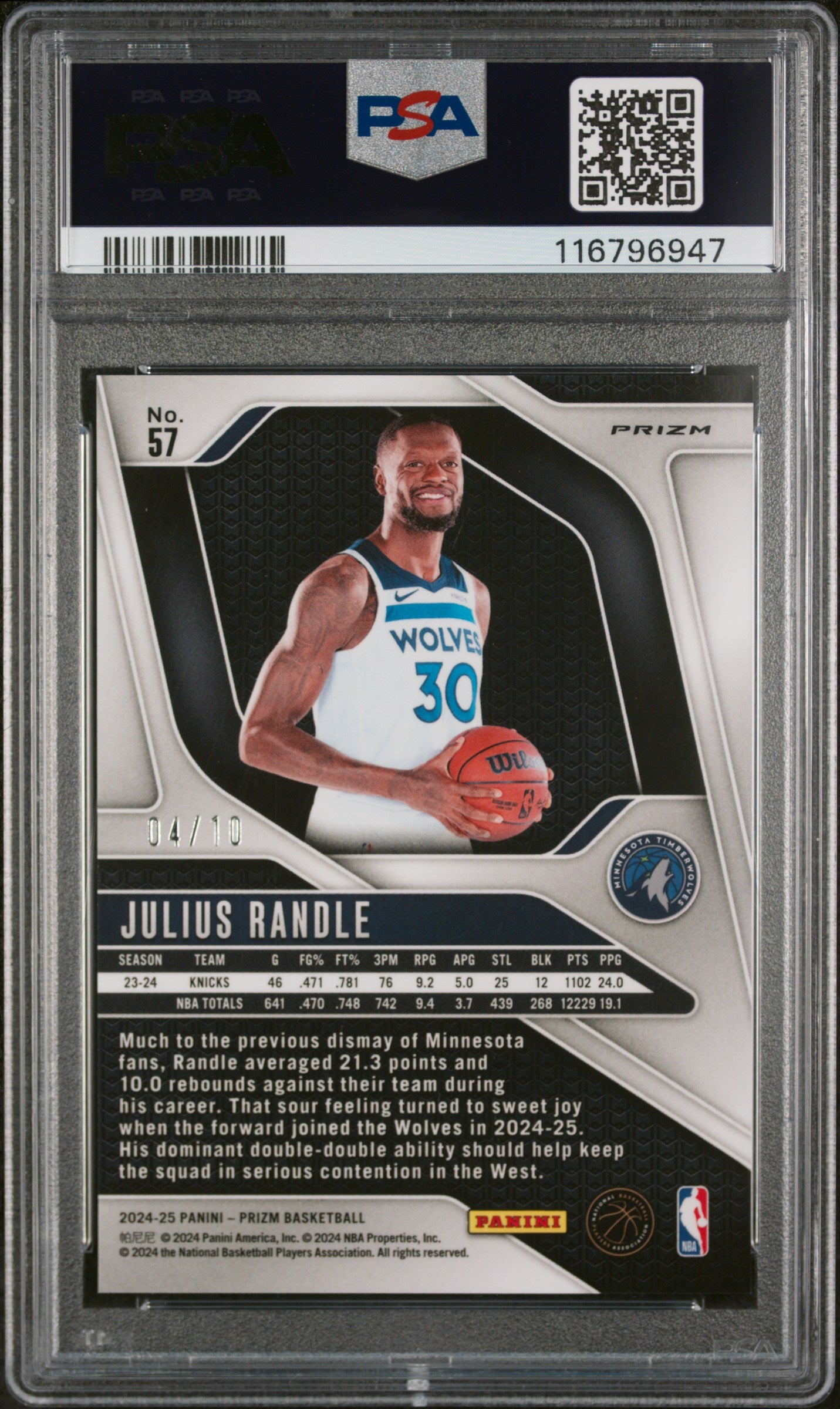2024 Panini Prizm Gold Lazer Julius Randle #57 /10 PSA 10