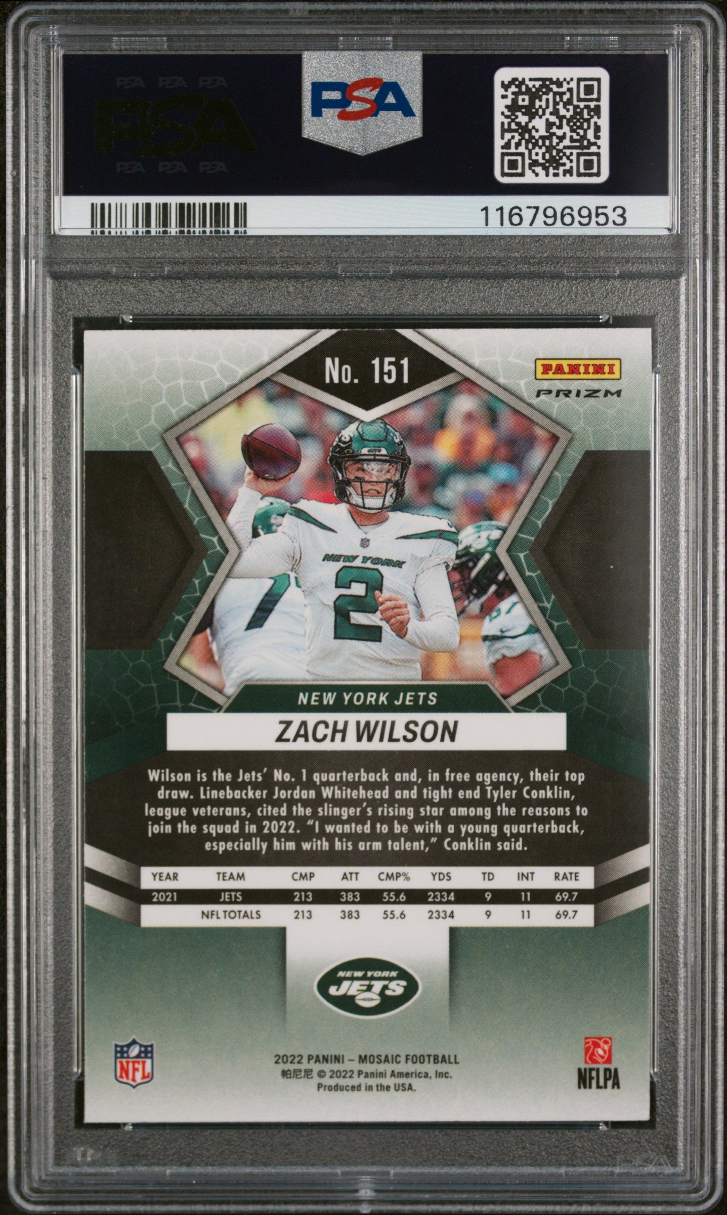 2022 Panini Mosaic Genesis Zach Wilson #151 PSA 9