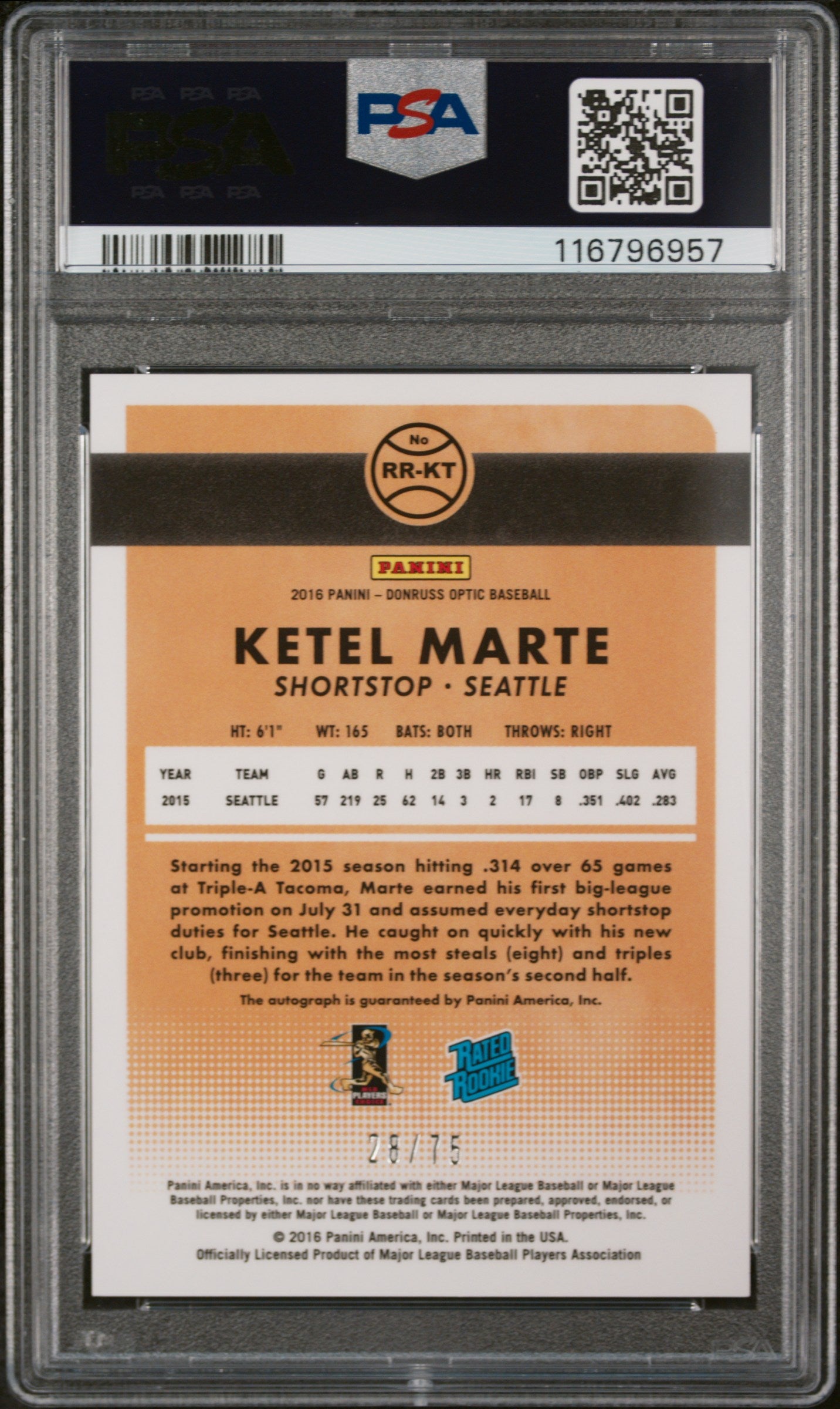 2016 Donruss Optic #RR-KT Ketel Marte Rated Rookies Sig.-Blue /75 PSA 10
