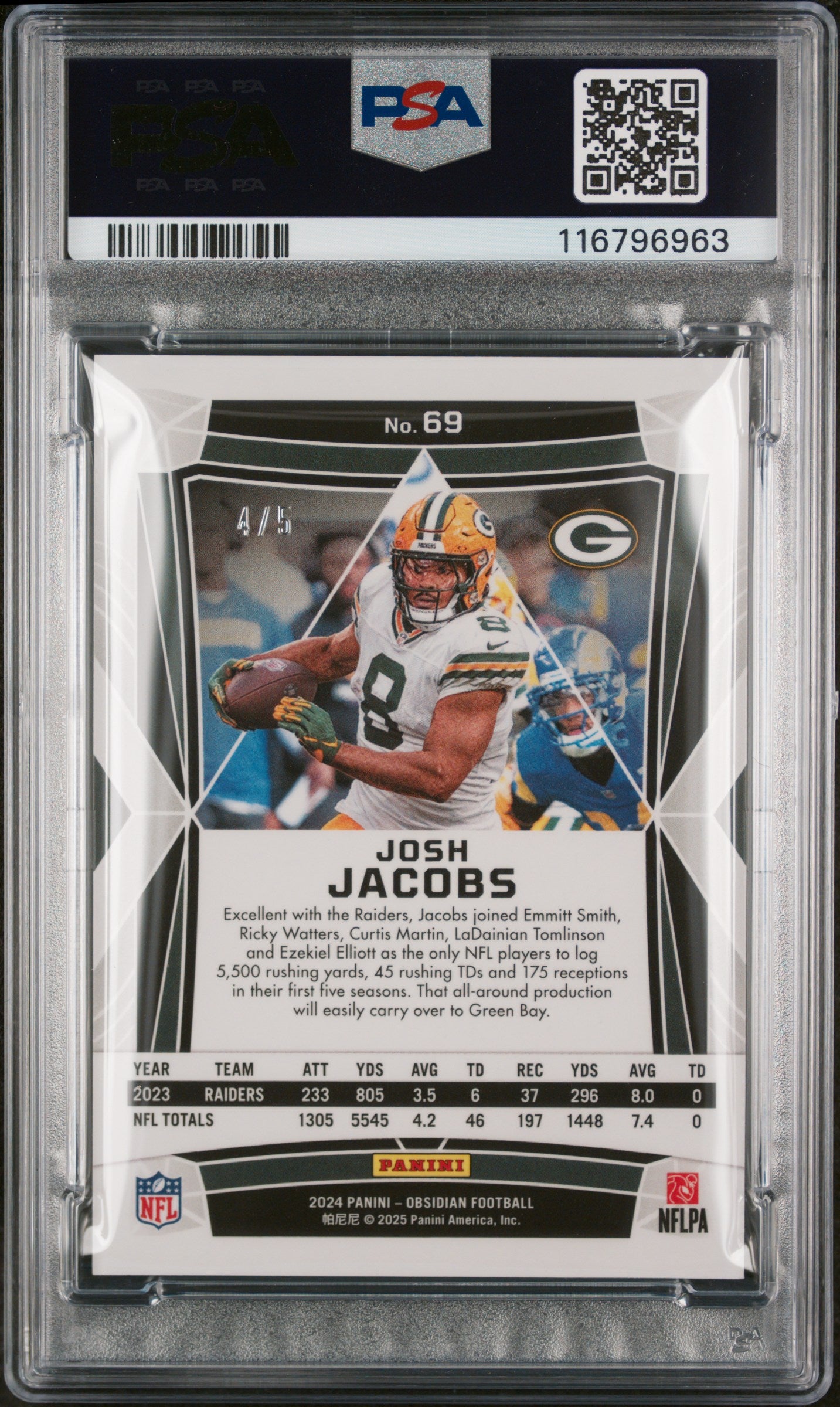2024 Panini Obsidian Green Josh Jacobs #69 /5 PSA 10