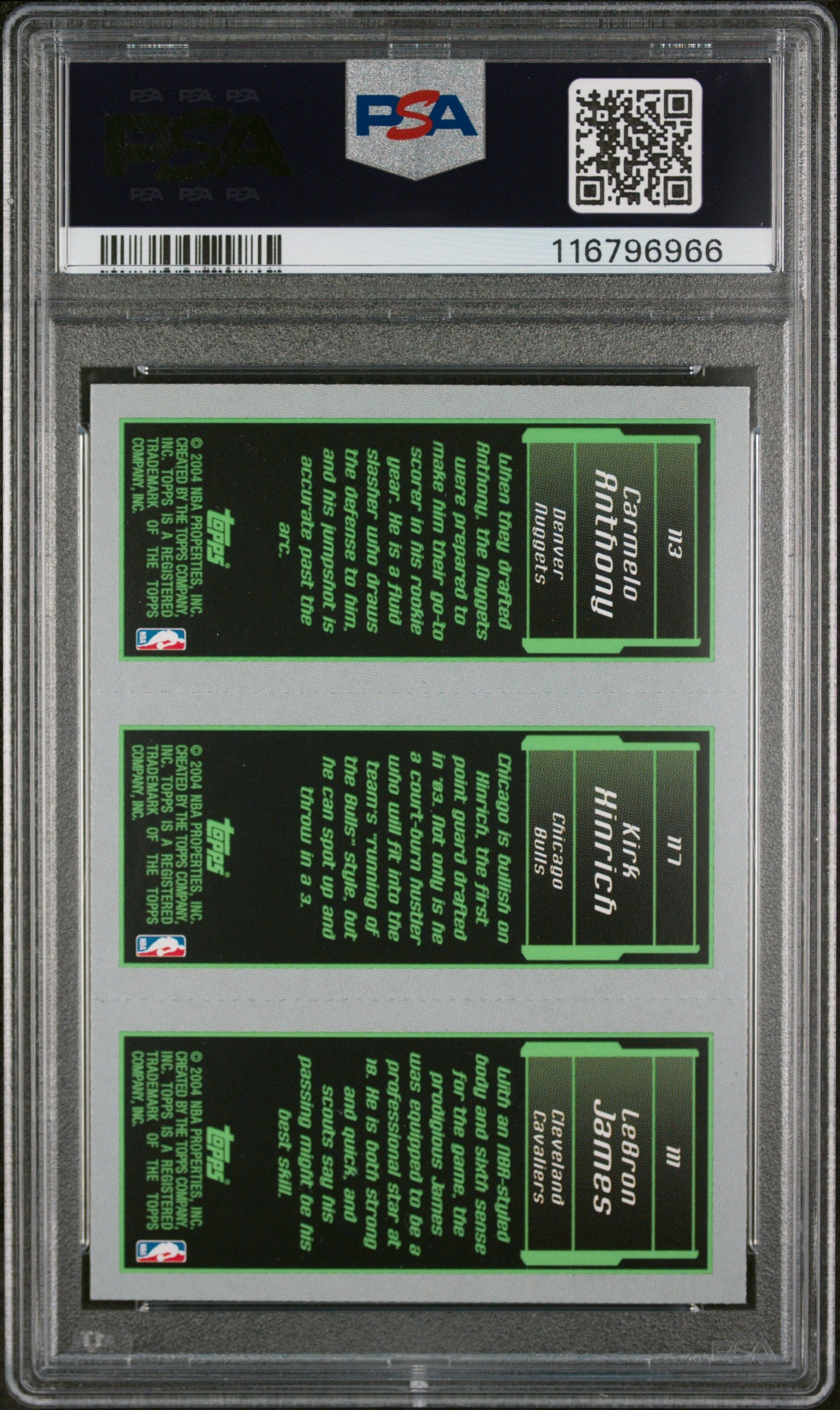 2003 Topps Rookie Matrix LeBron James/Kirk Hinrich/Carmelo Anthony #111/117/113 RC PSA 7