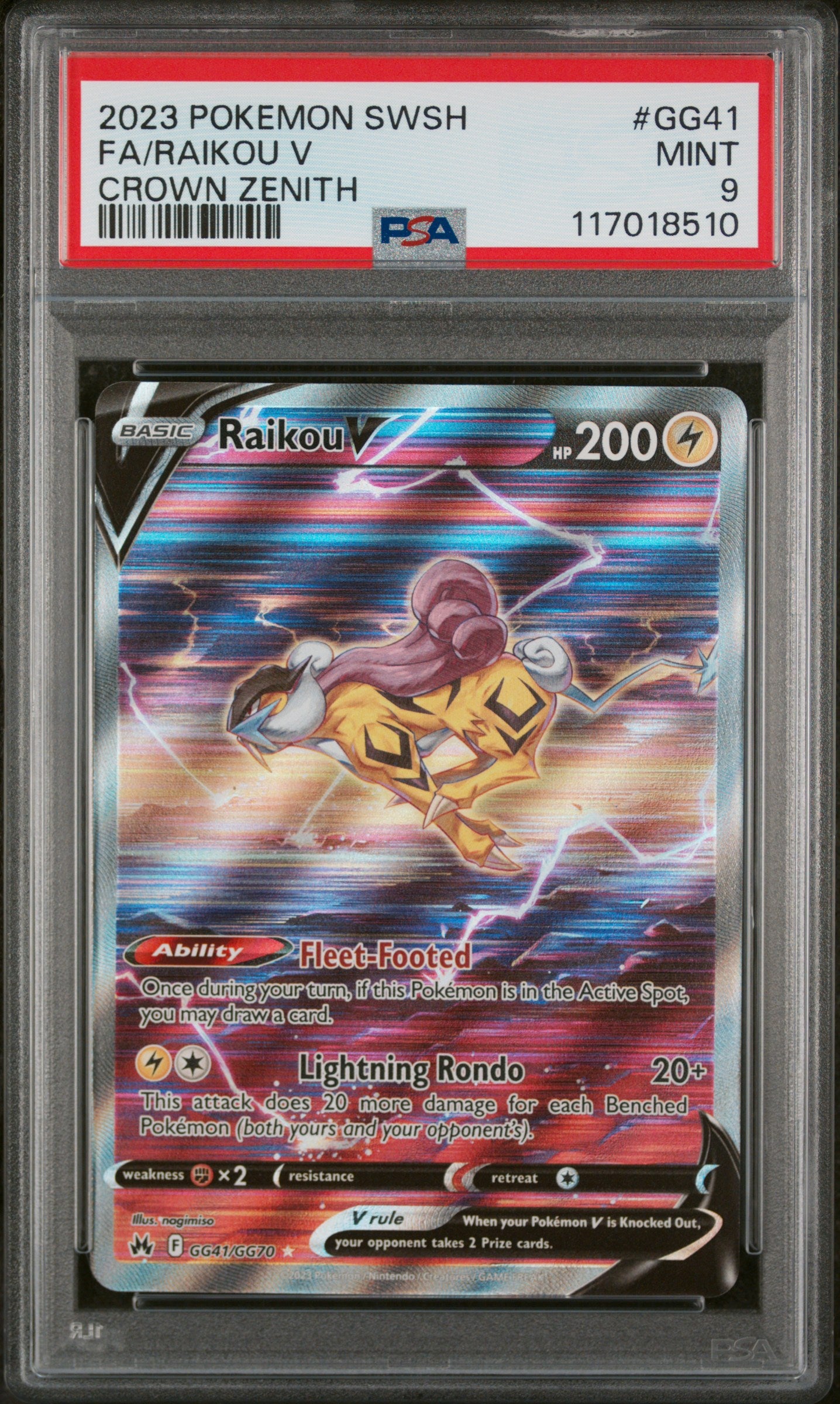 2023 Pokemon SWSH #GG41 Raikou V Crown Zenith PSA 9