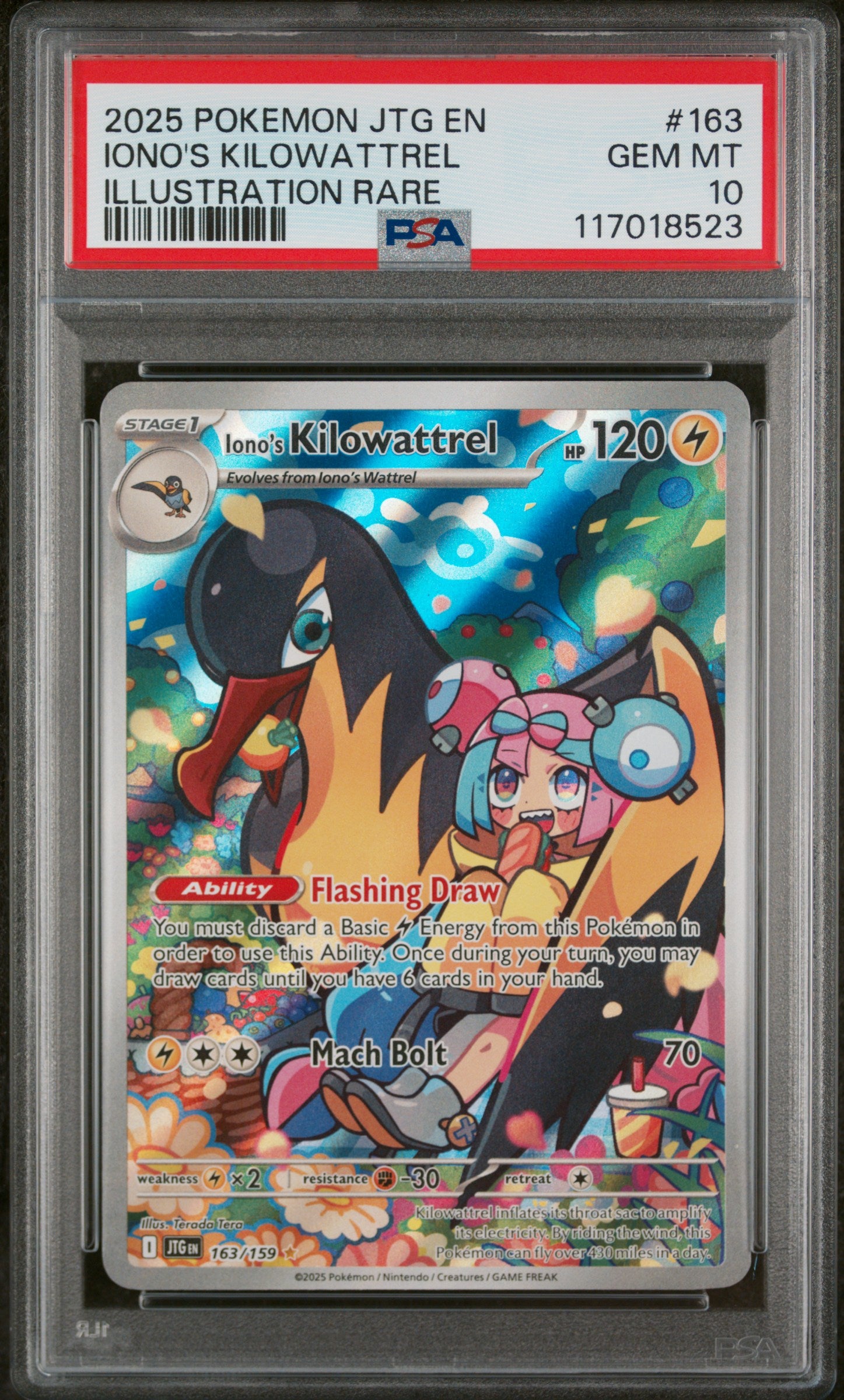 2025 Pokemon #163/159 Iono's Kilowattrel Illustration Rare PSA 10