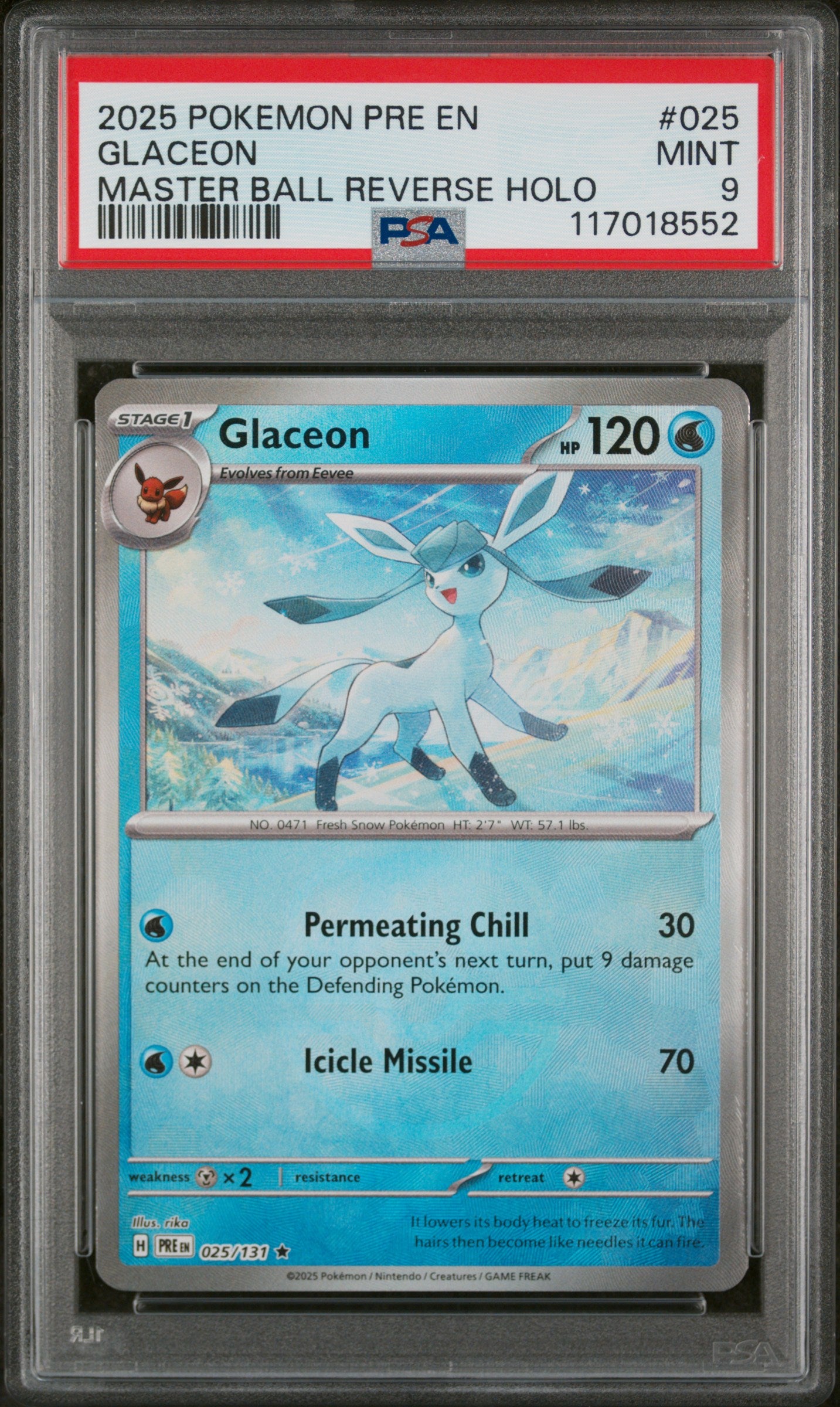 2025 Pokemon #025 Glaceon Master Ball Reverse Holo PSA 9