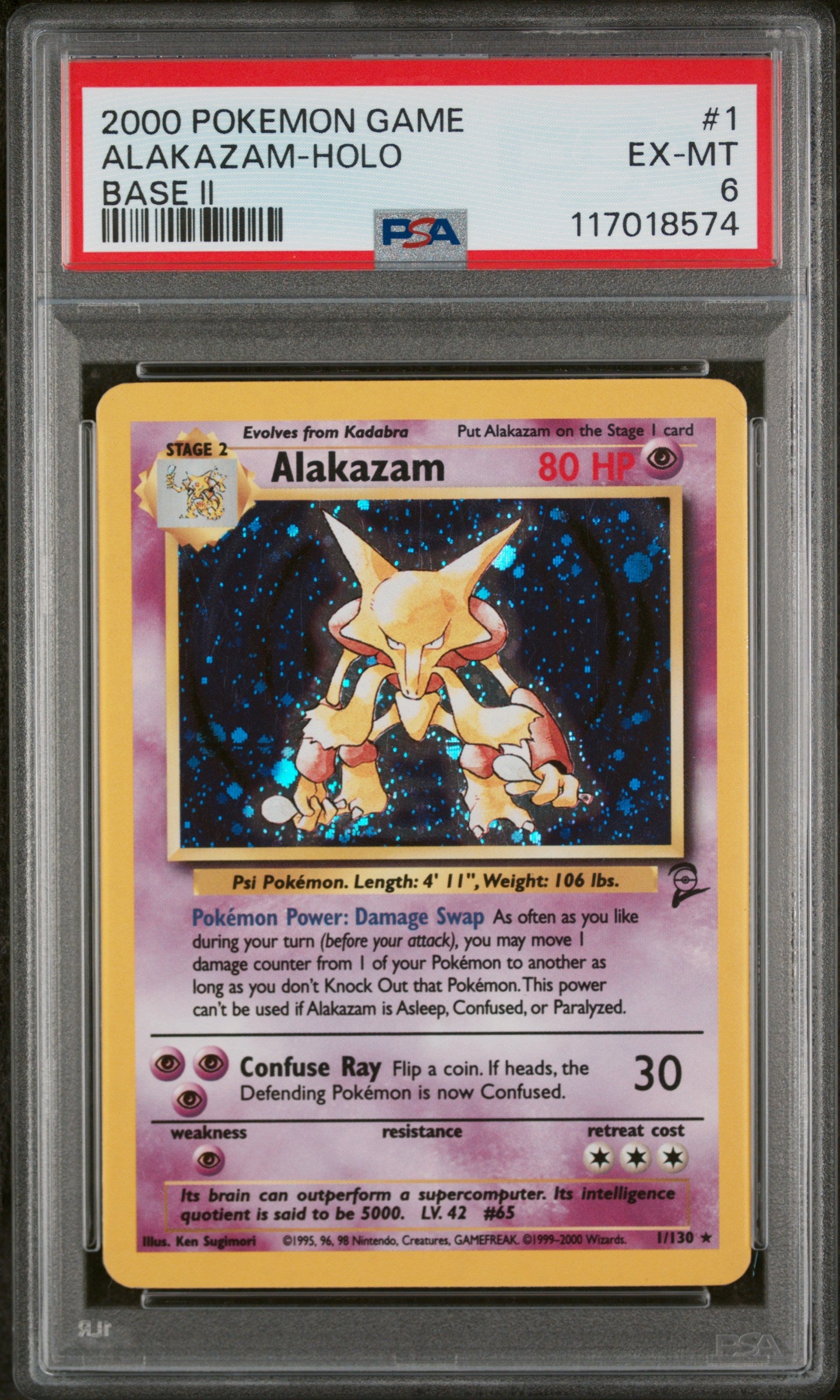 2000 Pokemon #1/130 Alakazam Base Set 2 PSA 6