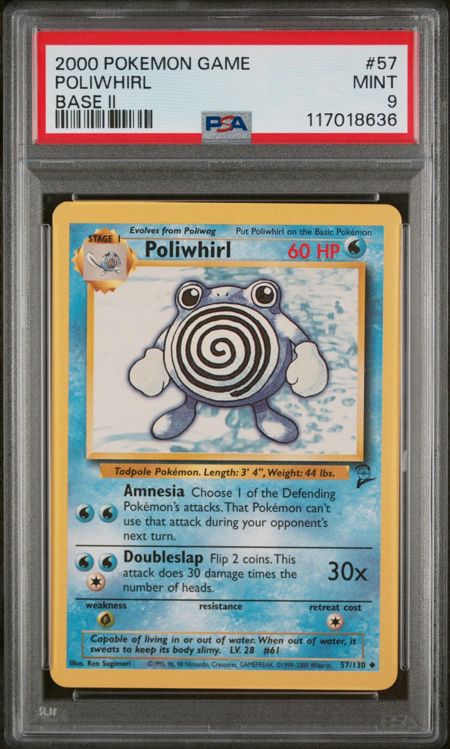 2000 Pokemon #57/130 Poliwhirl Base II PSA 9