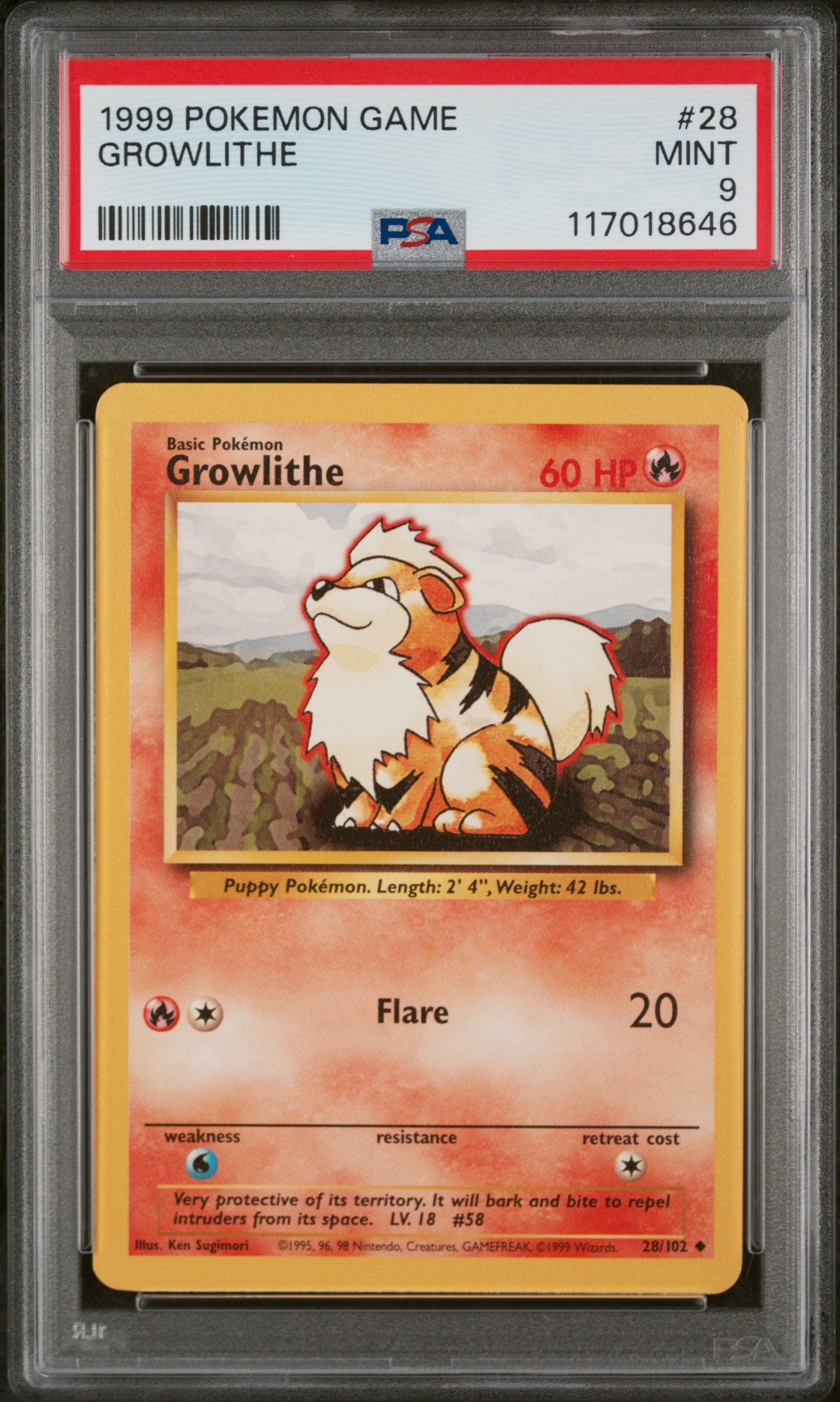 1999 Pokemon #28/102 Growlithe PSA 9