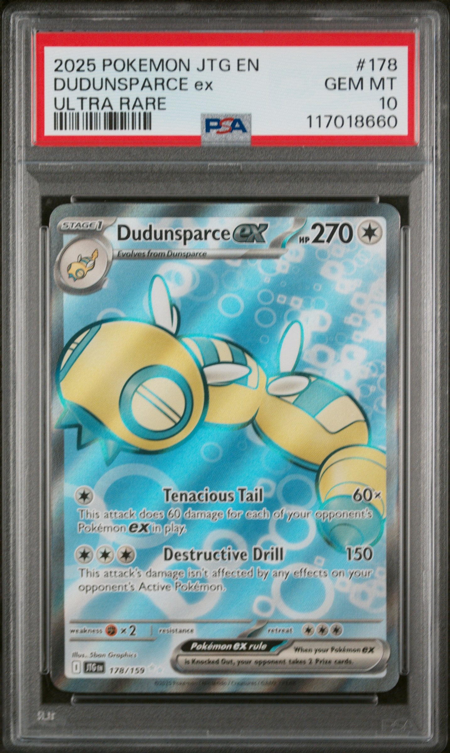 2025 Pokemon #178 Dudunsparce ex Ultra Rare PSA 10