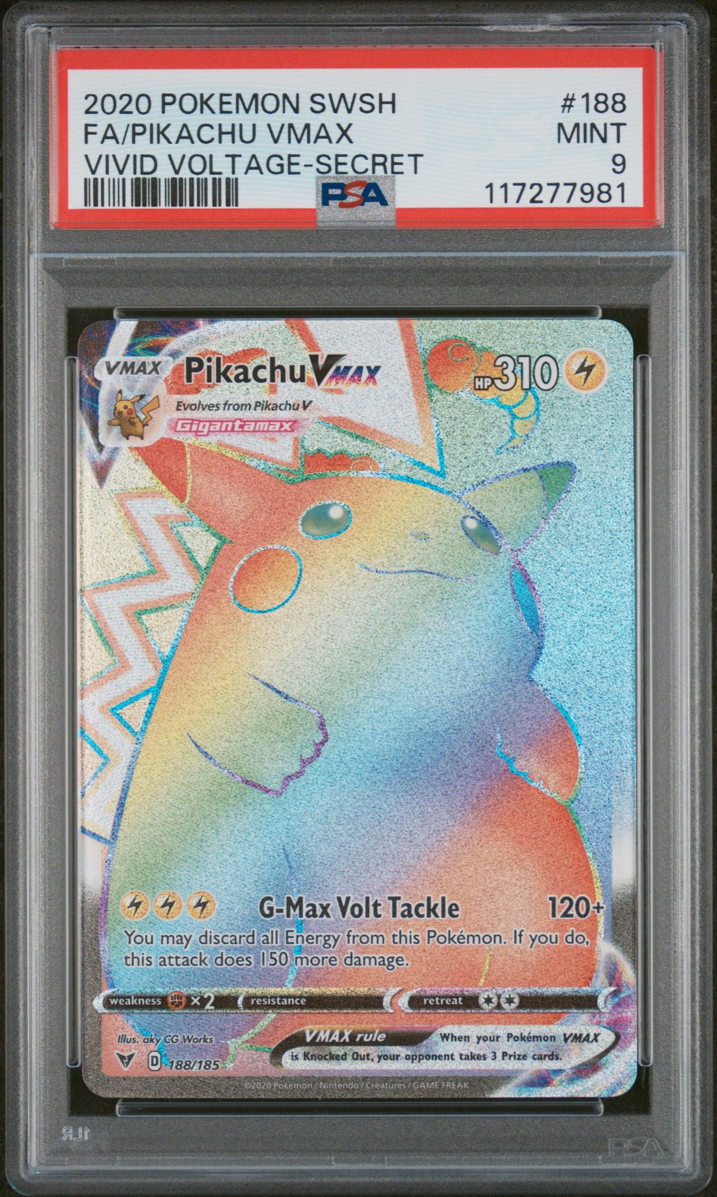 2020 SWSH #188 Pikachu VMAX Vivid Voltage-Secret /185 PSA 9