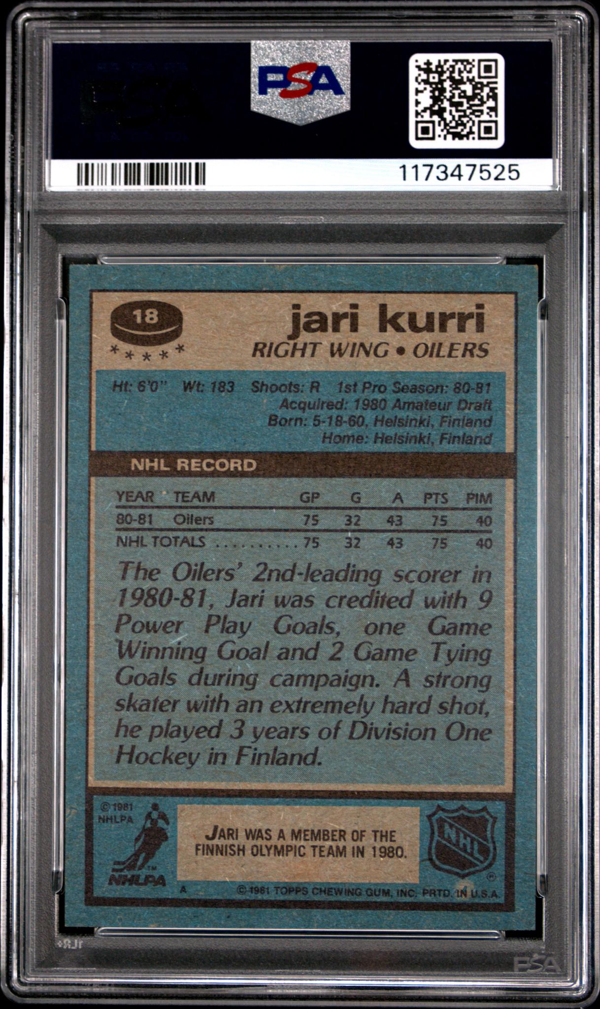 1981 Topps Jari Kurri #18 RC PSA 8