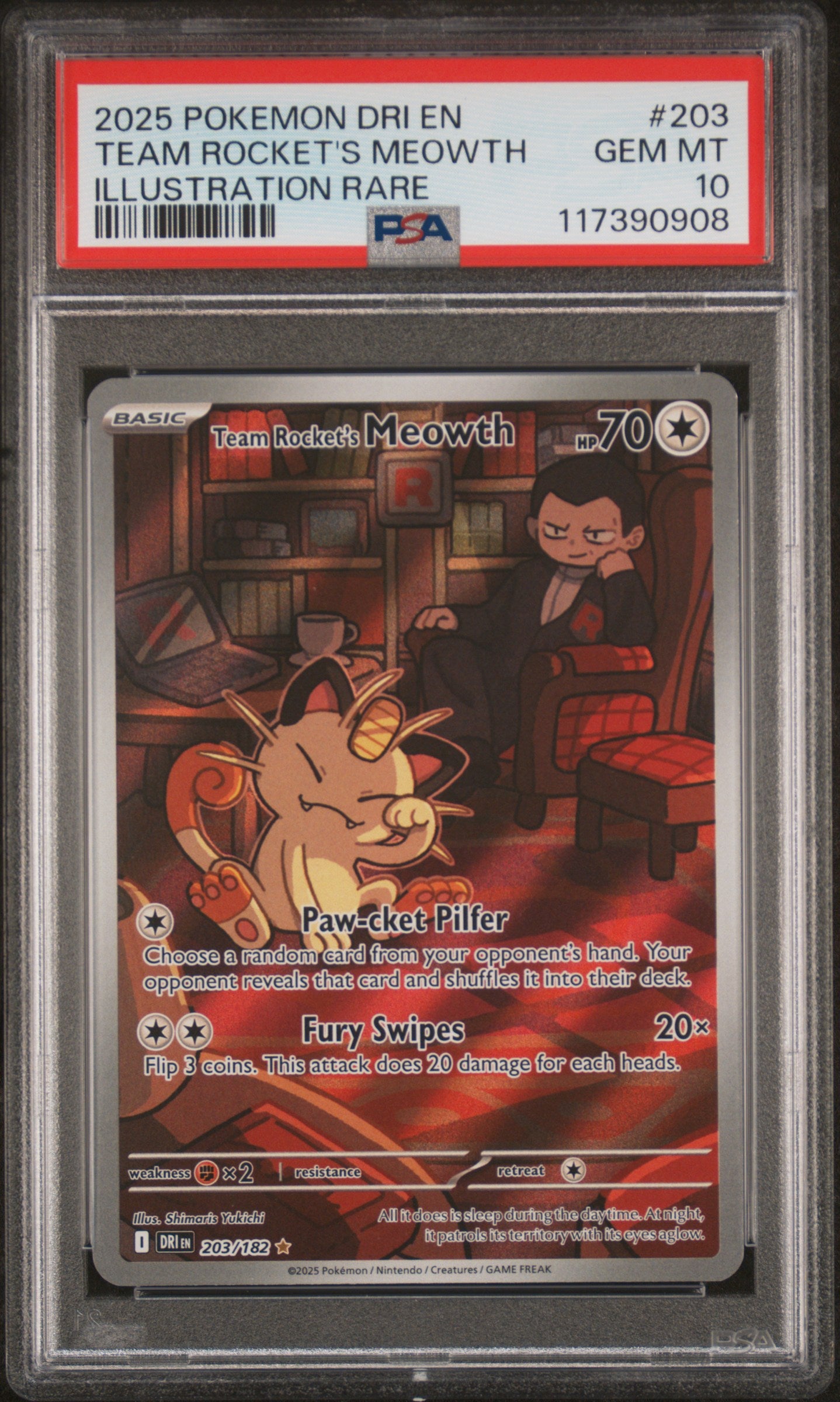 2025 Pokemon #203 Team Rocket's Meowth Illustration Rare PSA 10