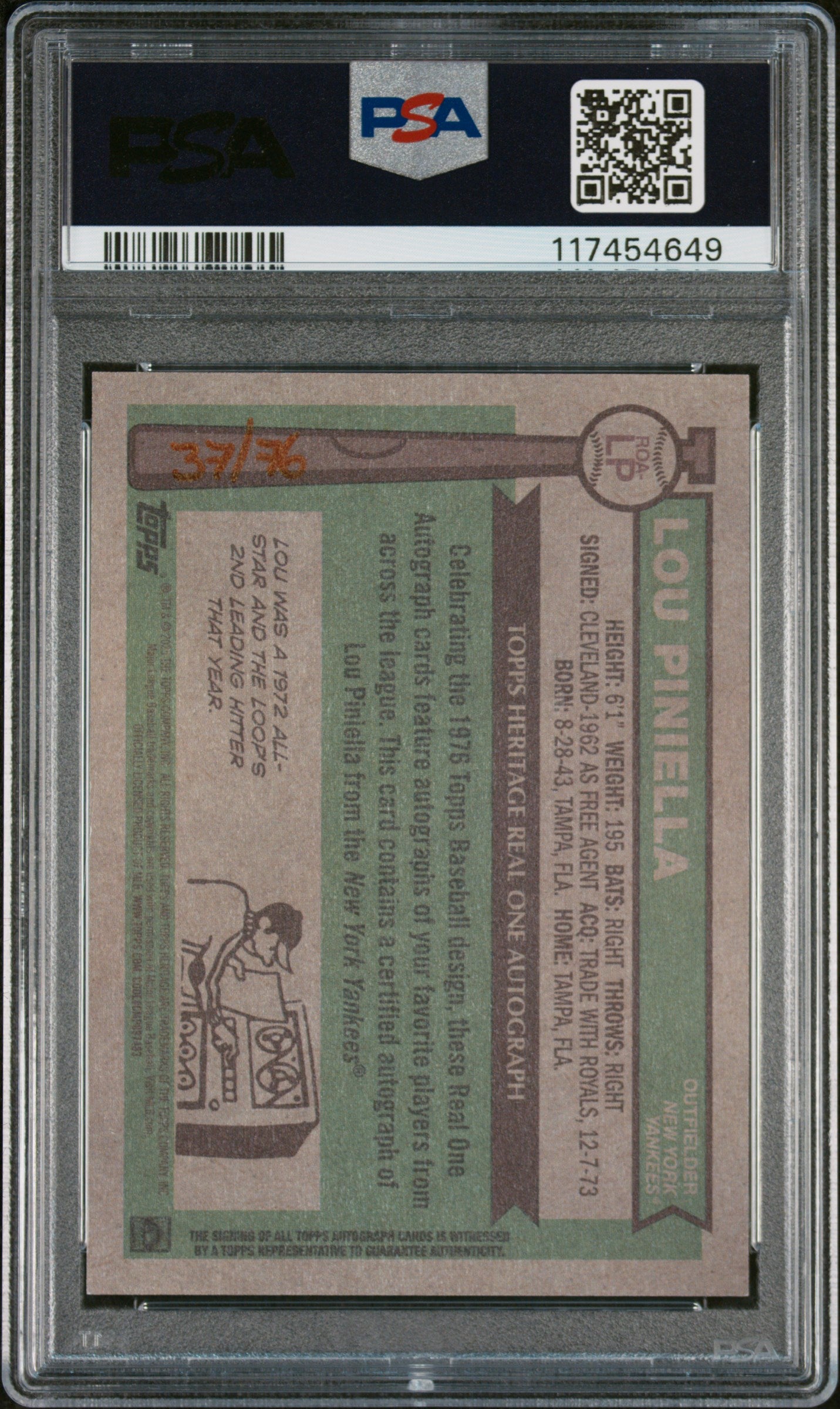 2025 Topps Heritage Real One Auto Red Ink Lou Piniella #ROALP /76 PSA 9