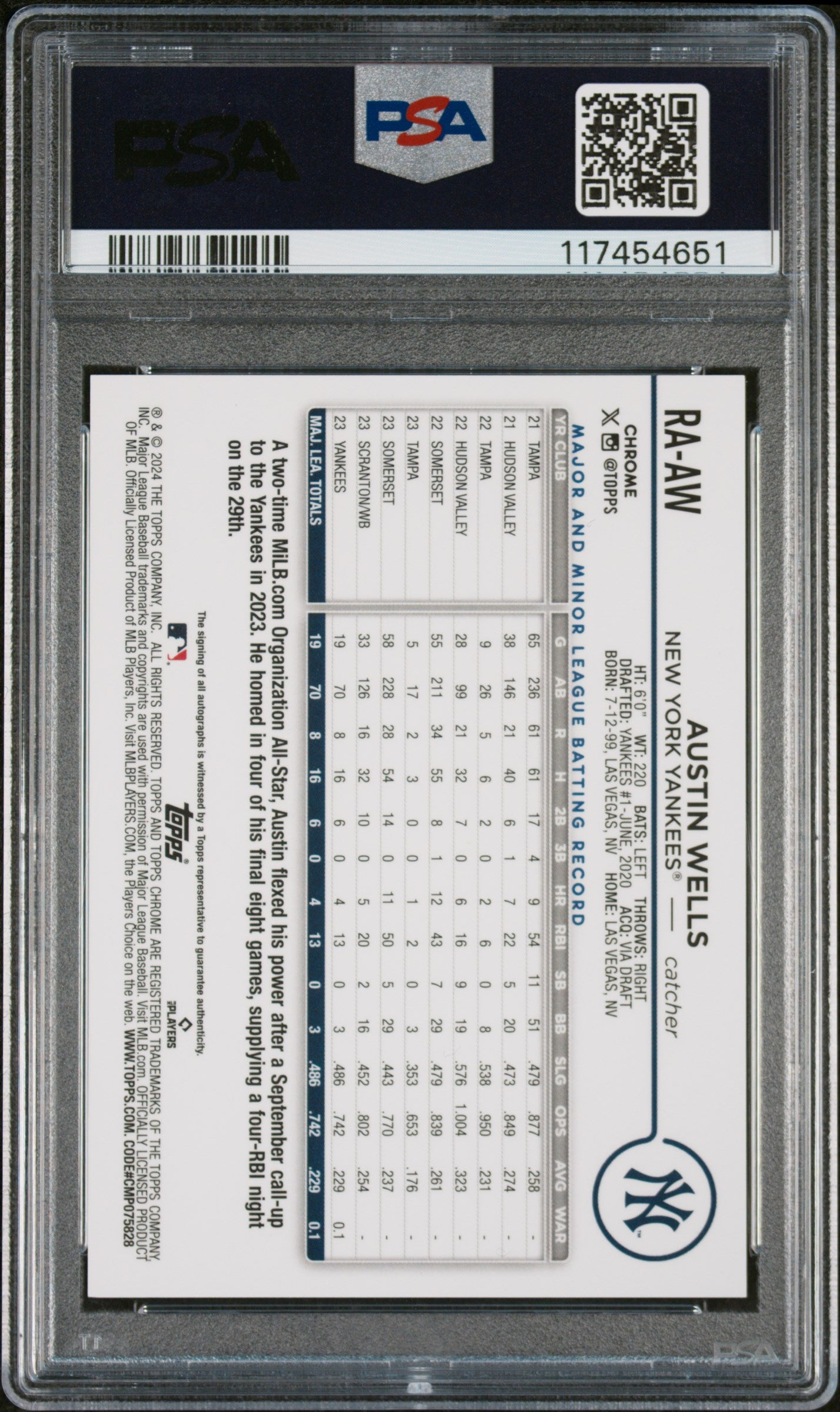 2024 Topps Chrome Rookie Autographs Austin Wells #RA-AW RC Auto PSA 9