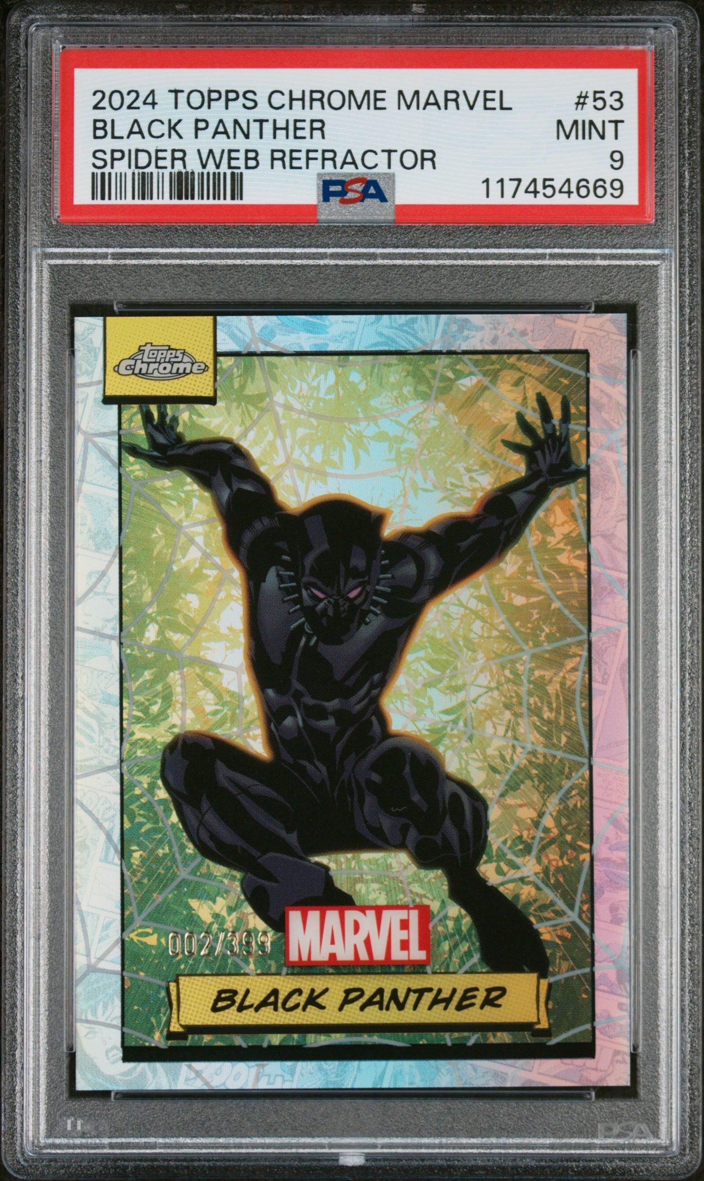 2024 Topps Chrome Marvel Spider Web Refractor Black Panther #53 /399 PSA 9
