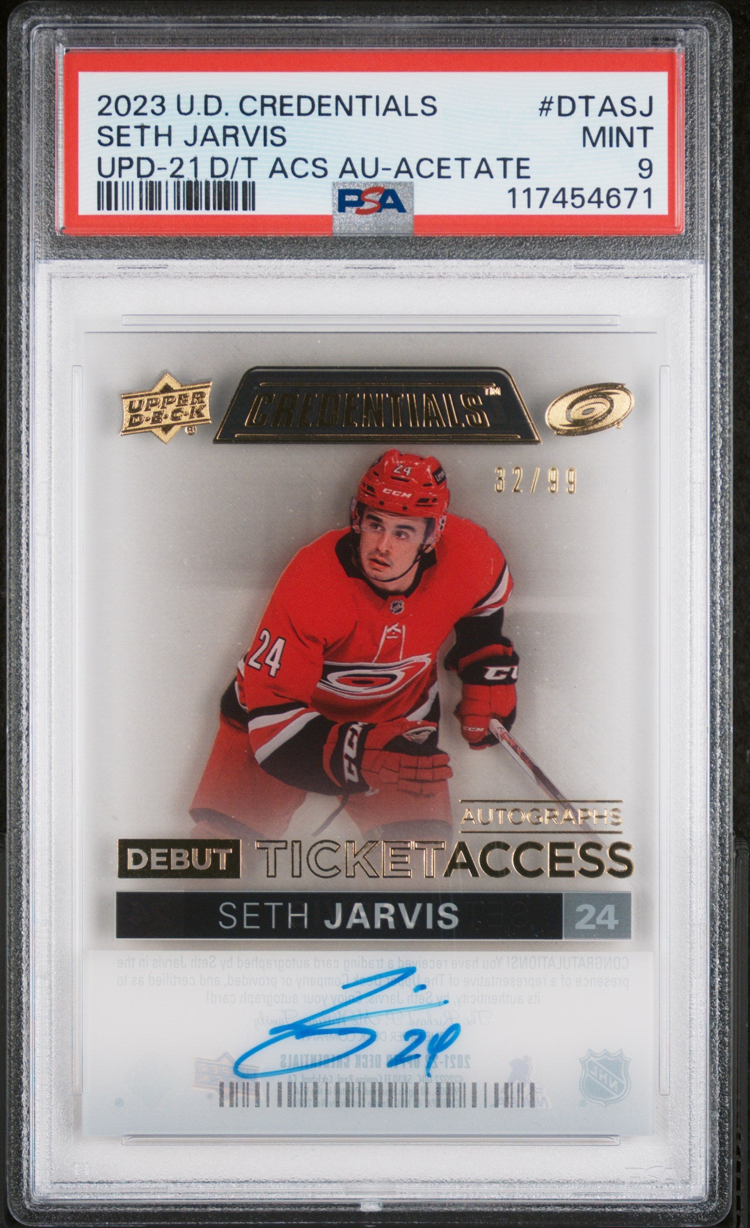 2023 U.D. Credentials Seth Jarvis Debut Ticket Access Autographs /99 Auto PSA 9