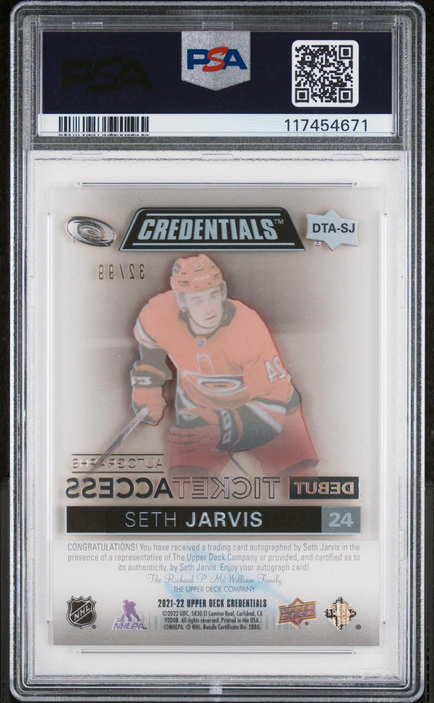 2023 U.D. Credentials Seth Jarvis Debut Ticket Access Autographs /99 Auto PSA 9
