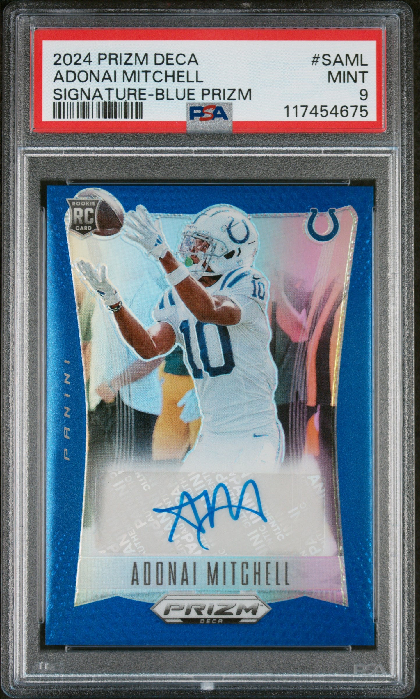 2024 Panini Prizm Deca Signature Blue Prizm Adonai Mitchell #S-AML RC Auto PSA 9