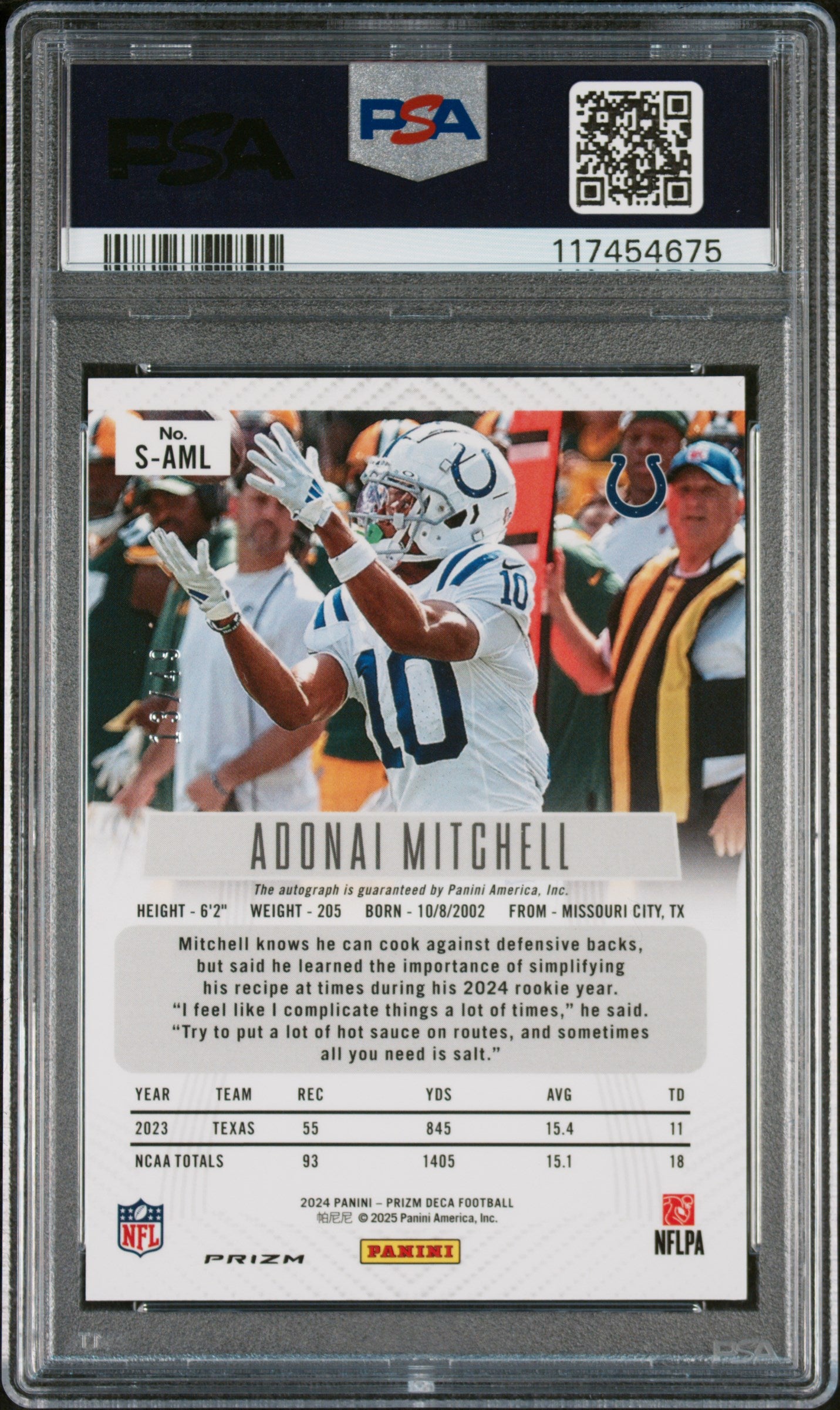 2024 Panini Prizm Deca Signature Blue Prizm Adonai Mitchell #S-AML RC Auto PSA 9