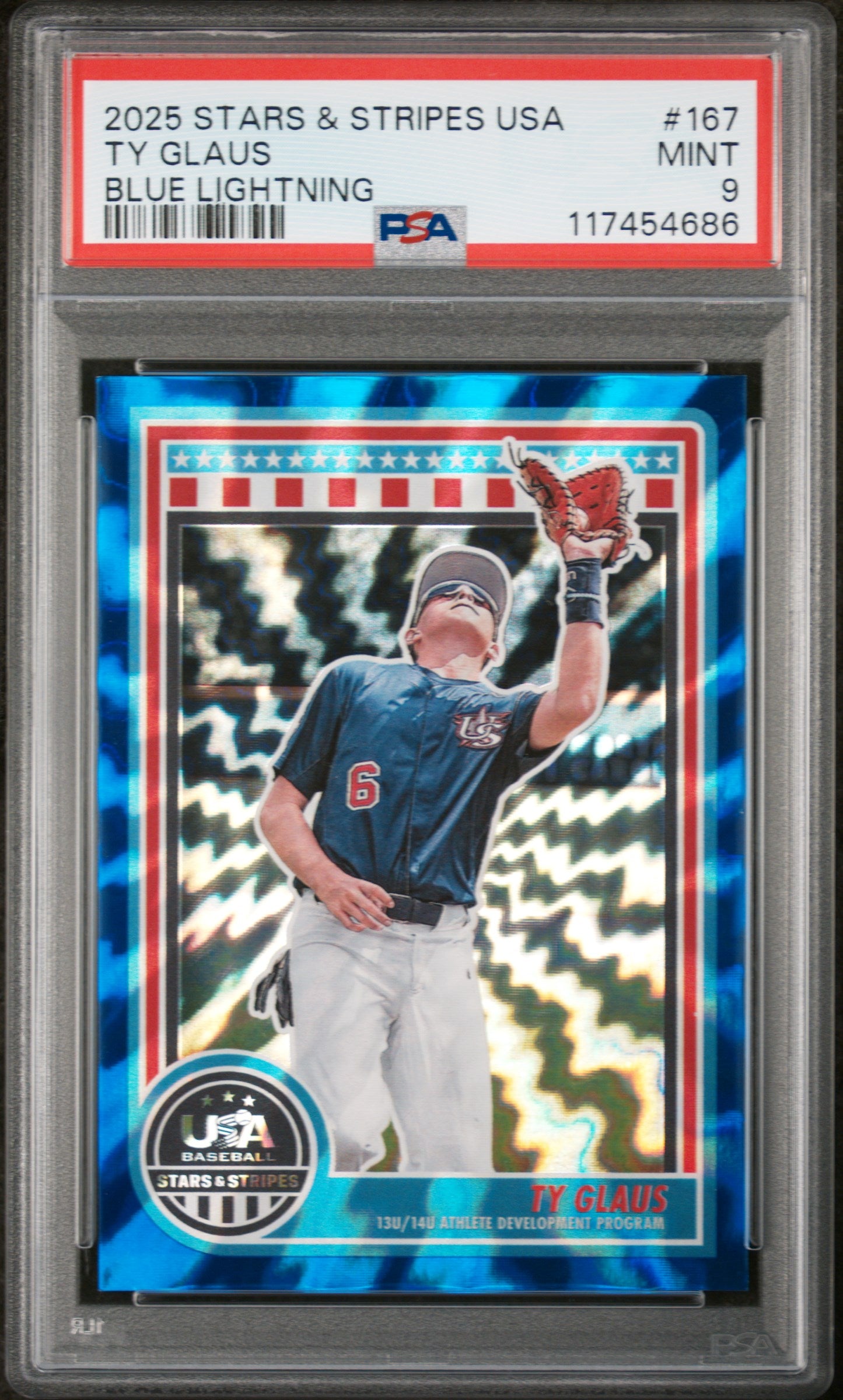 2025 Panini USA Baseball Stars & Stripes Blue Lightning Ty Glaus #167 /13 PSA 9