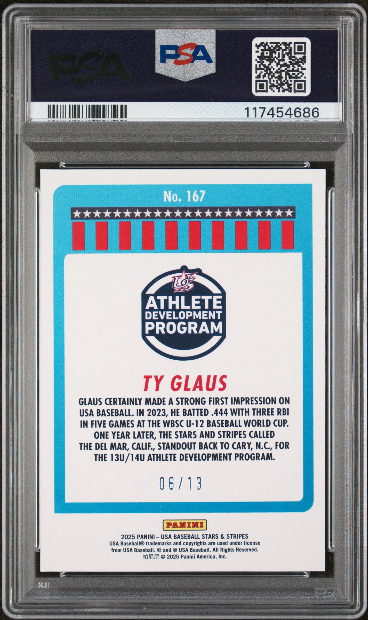 2025 Panini USA Baseball Stars & Stripes Blue Lightning Ty Glaus #167 /13 PSA 9