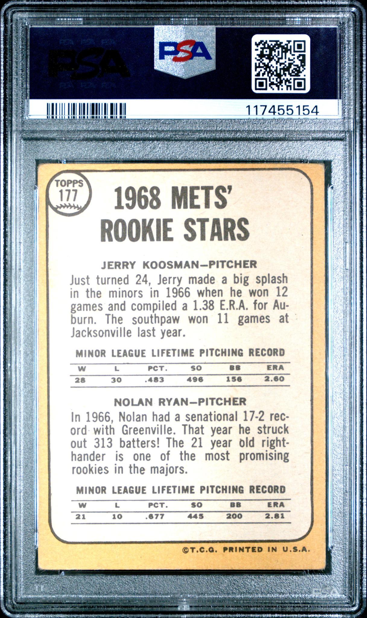 1968 Topps Rookie Stars Nolan Ryan Jerry Koosman #177 RC PSA 2