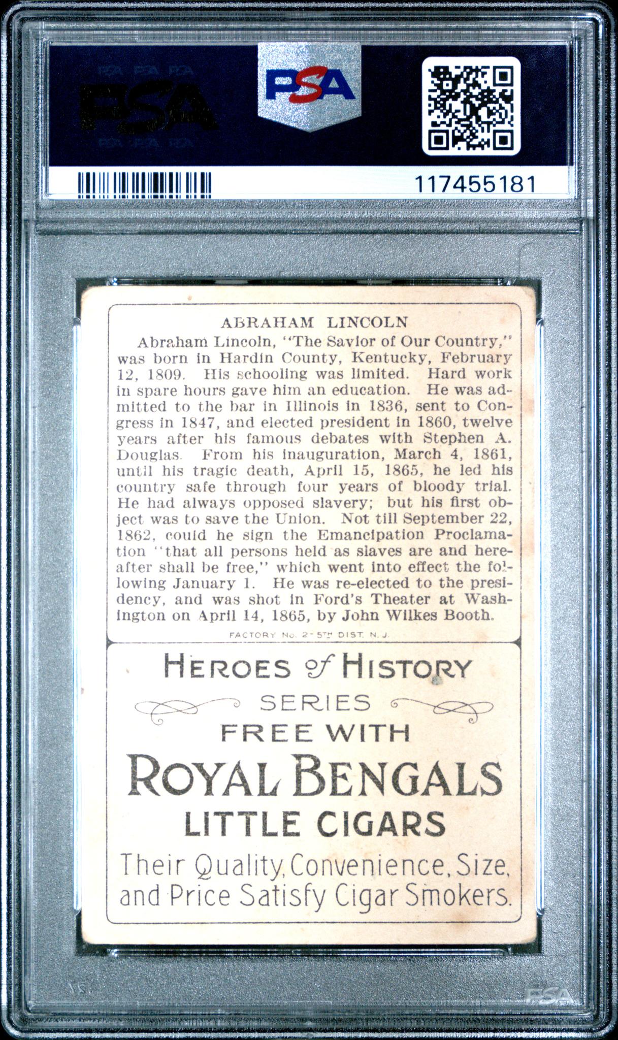 1911 Heroes of History T68 Abraham Lincoln #1 PSA 2