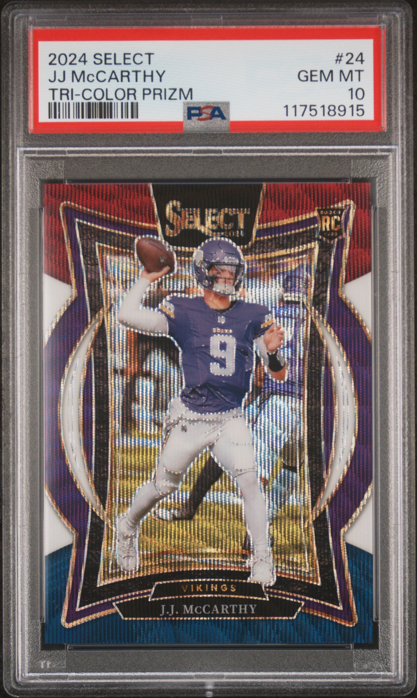 2024 Panini Select Tri-Color Prizm J.J. McCarthy #24 RC Concourse /299 PSA 10