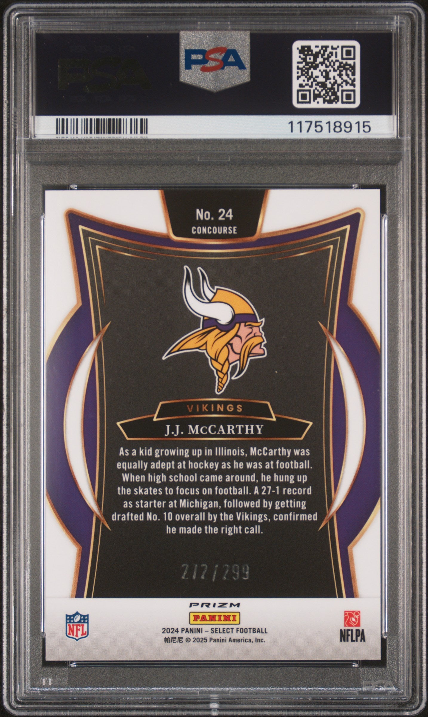 2024 Panini Select Tri-Color Prizm J.J. McCarthy #24 RC Concourse /299 PSA 10