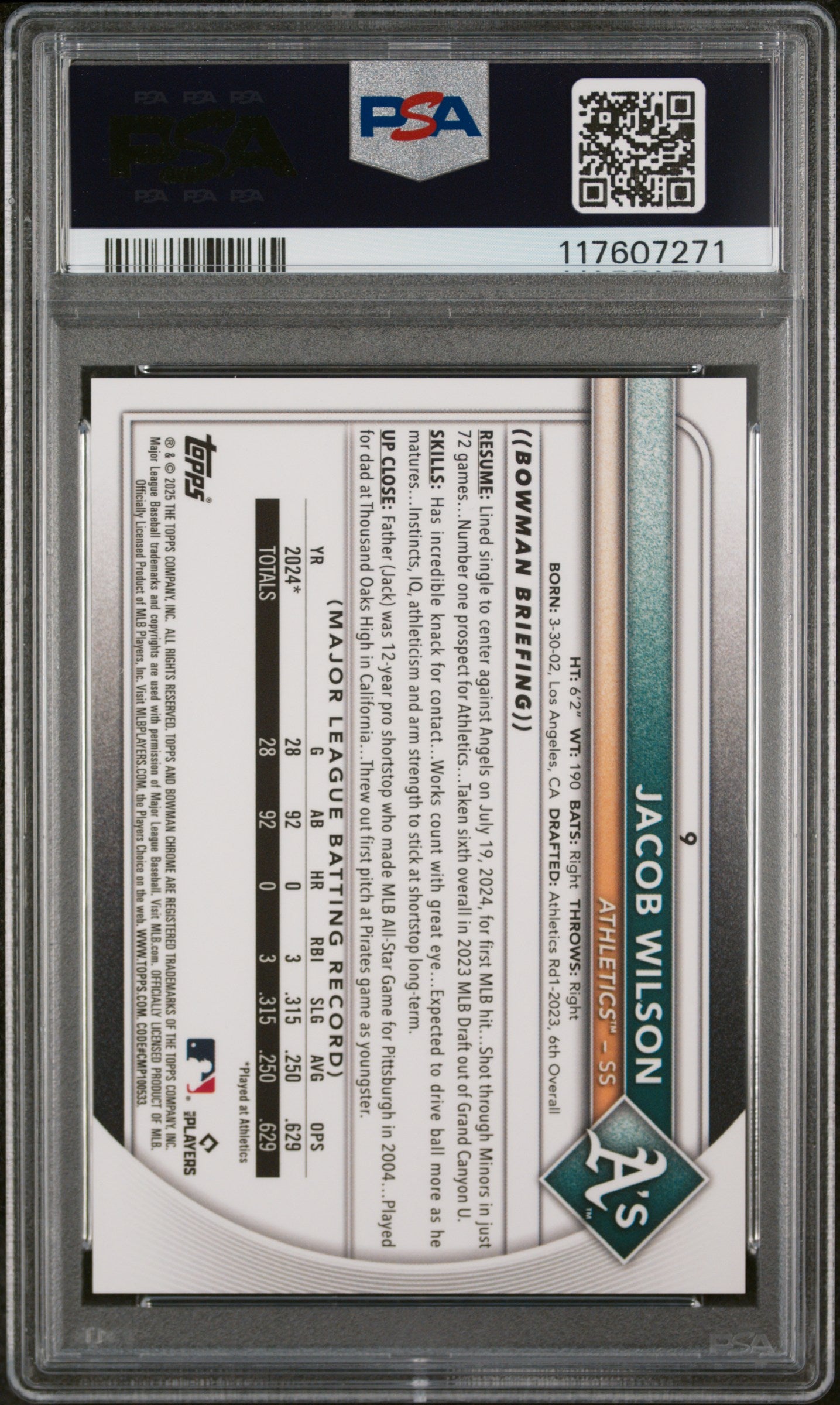 2025 Bowman #9 Jacob Wilson Etched in Glass Variation PSA 10