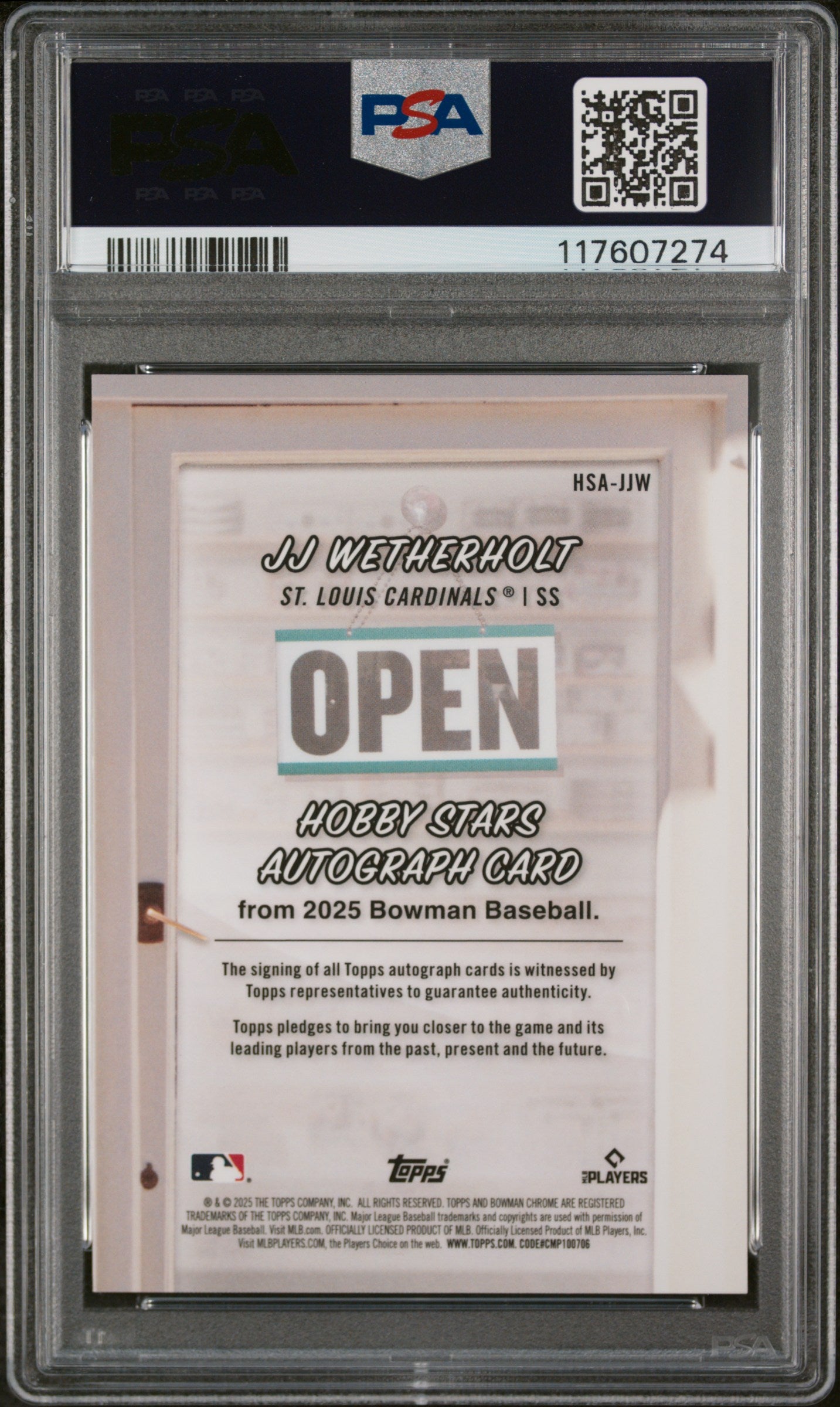 2025 Bowman #HSAJJW JJ Wetherholt Hobby Stars /25 PSA 10