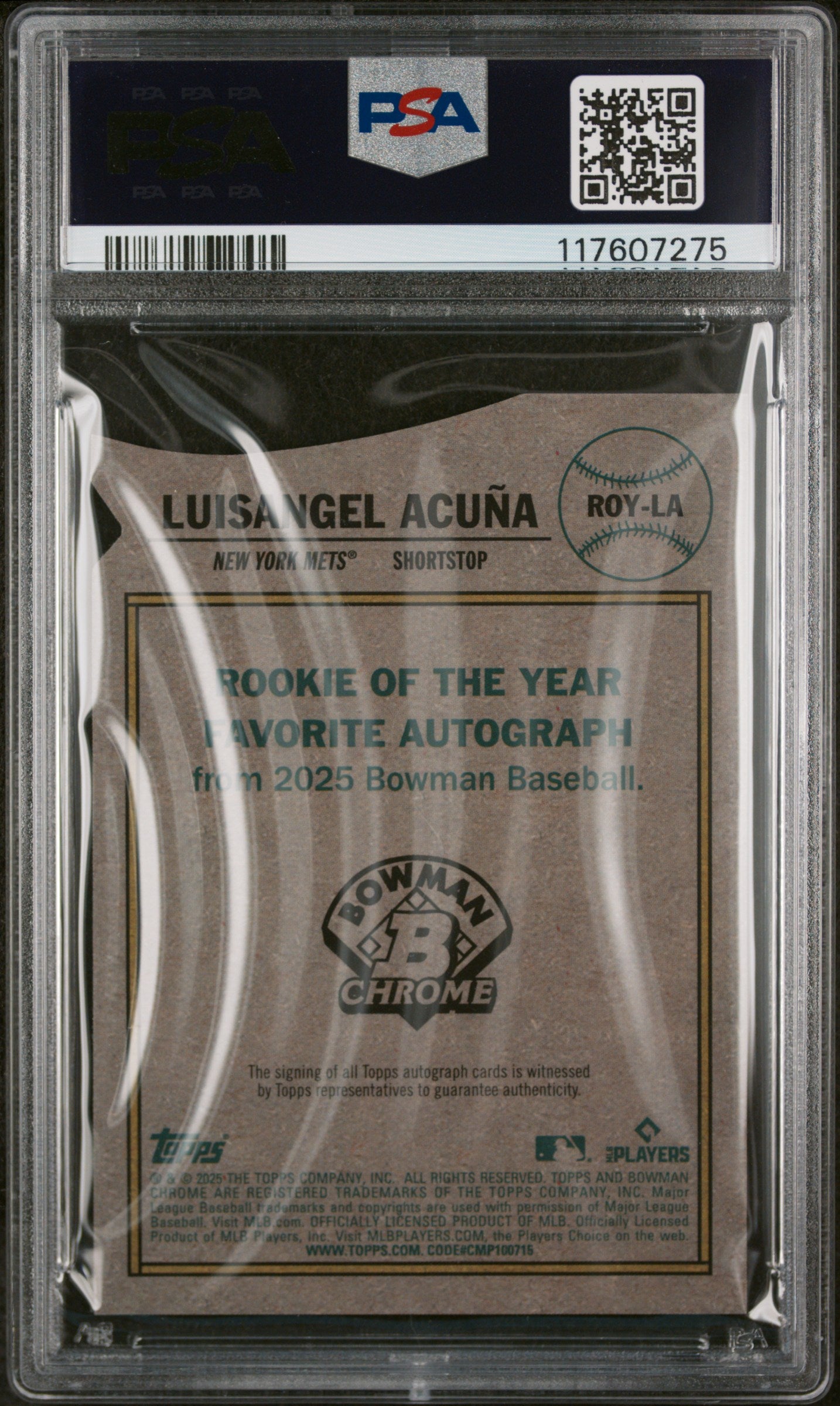 2025 Bowman #ROY-LA Luisangel Acuna Rookie of the Year Favorites /25 PSA 8