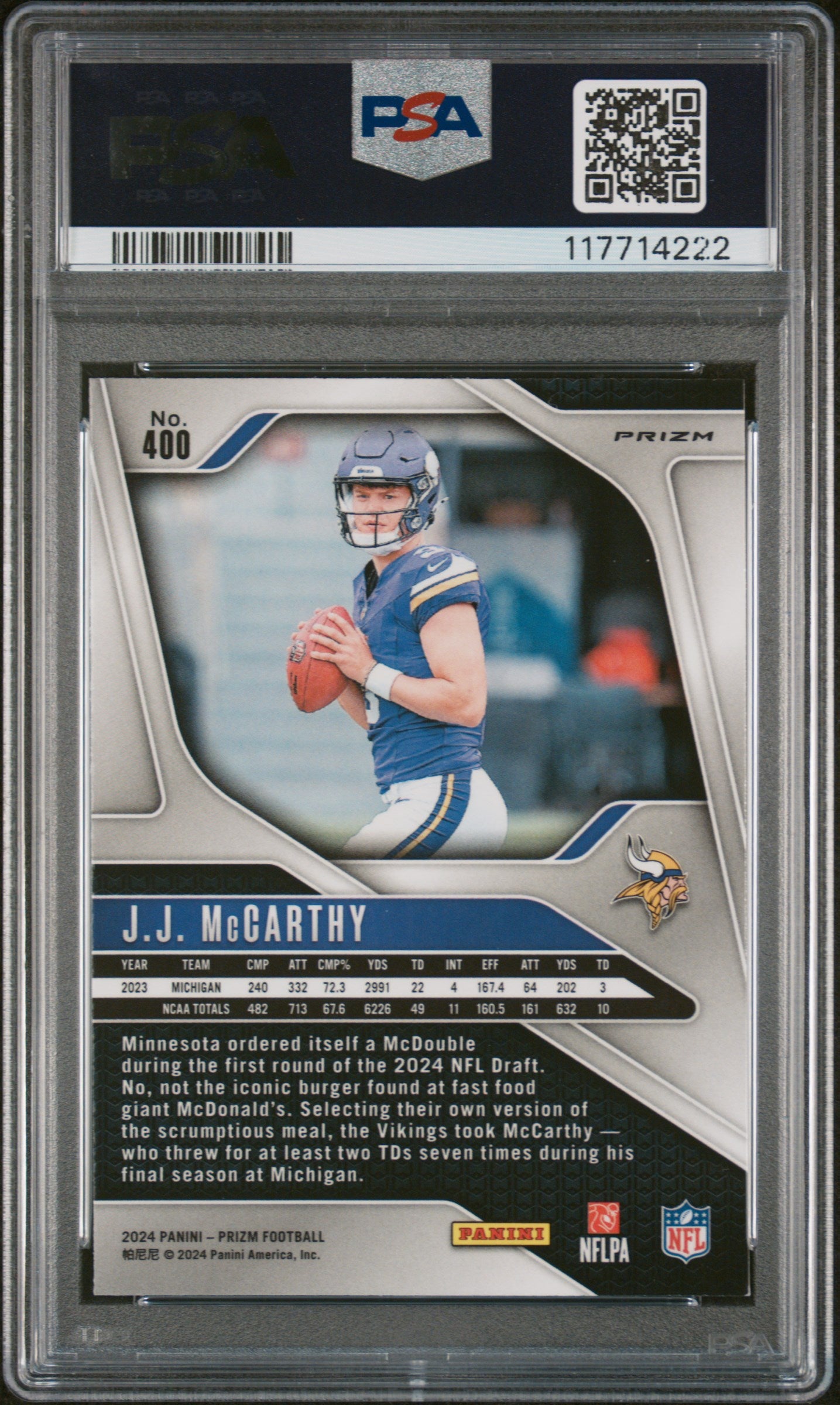 2024 Panini Prizm Lazer Prizm J.J. McCarthy #400 RC PSA 9