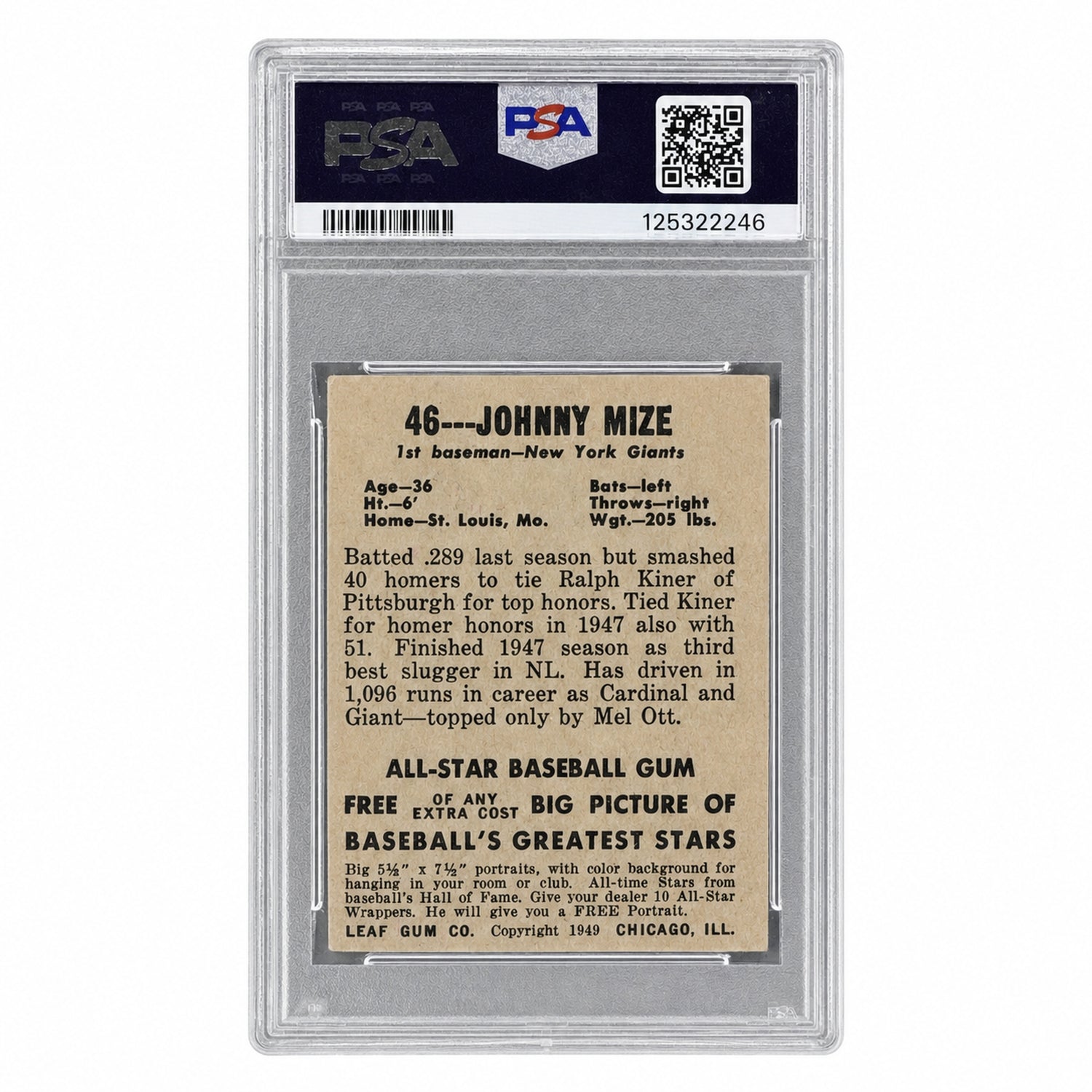 1949 Leaf Johnny Mize #46 PSA 3