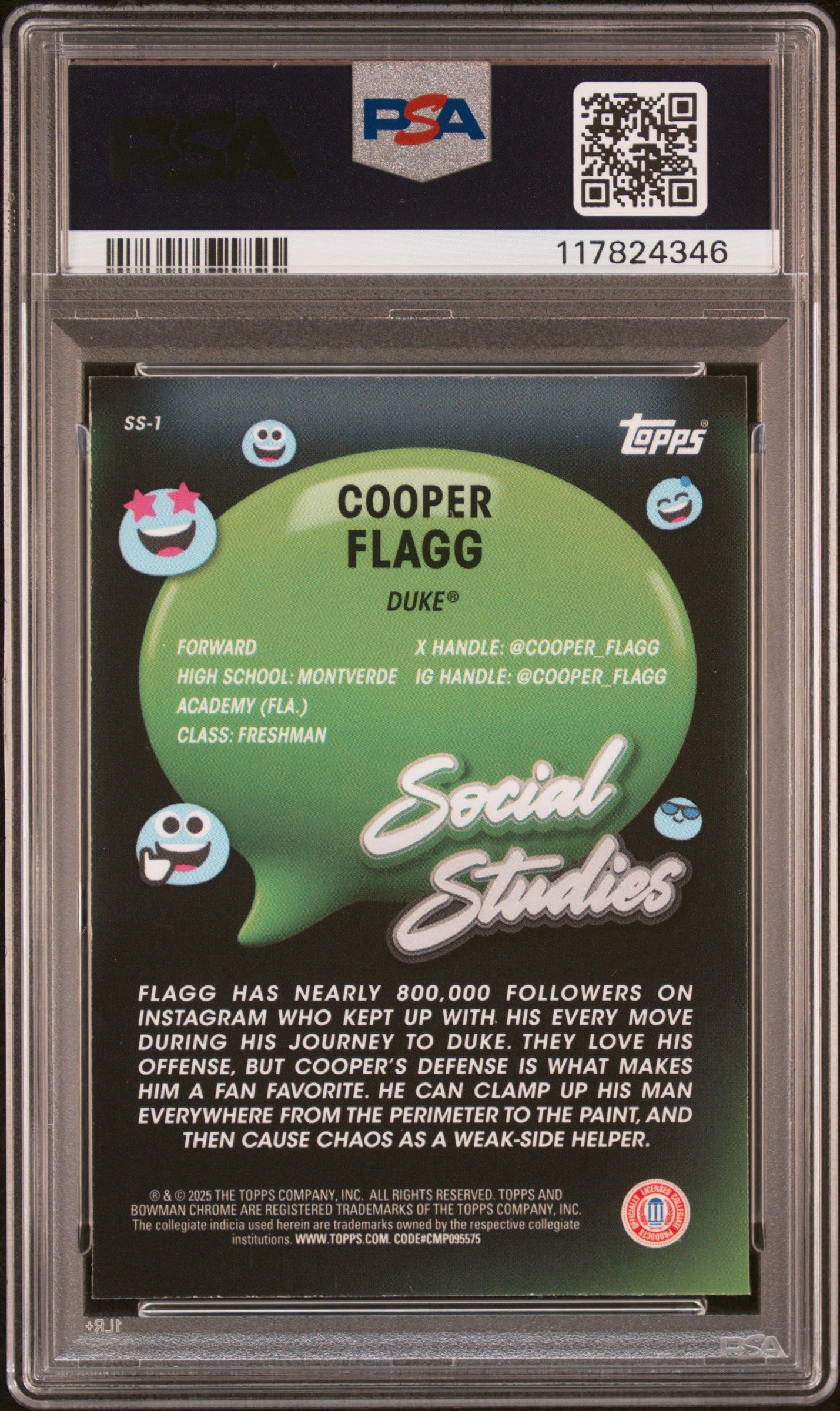 2024 Bowman Chrome University Social Studies Cooper Flagg #SS1 PSA 9