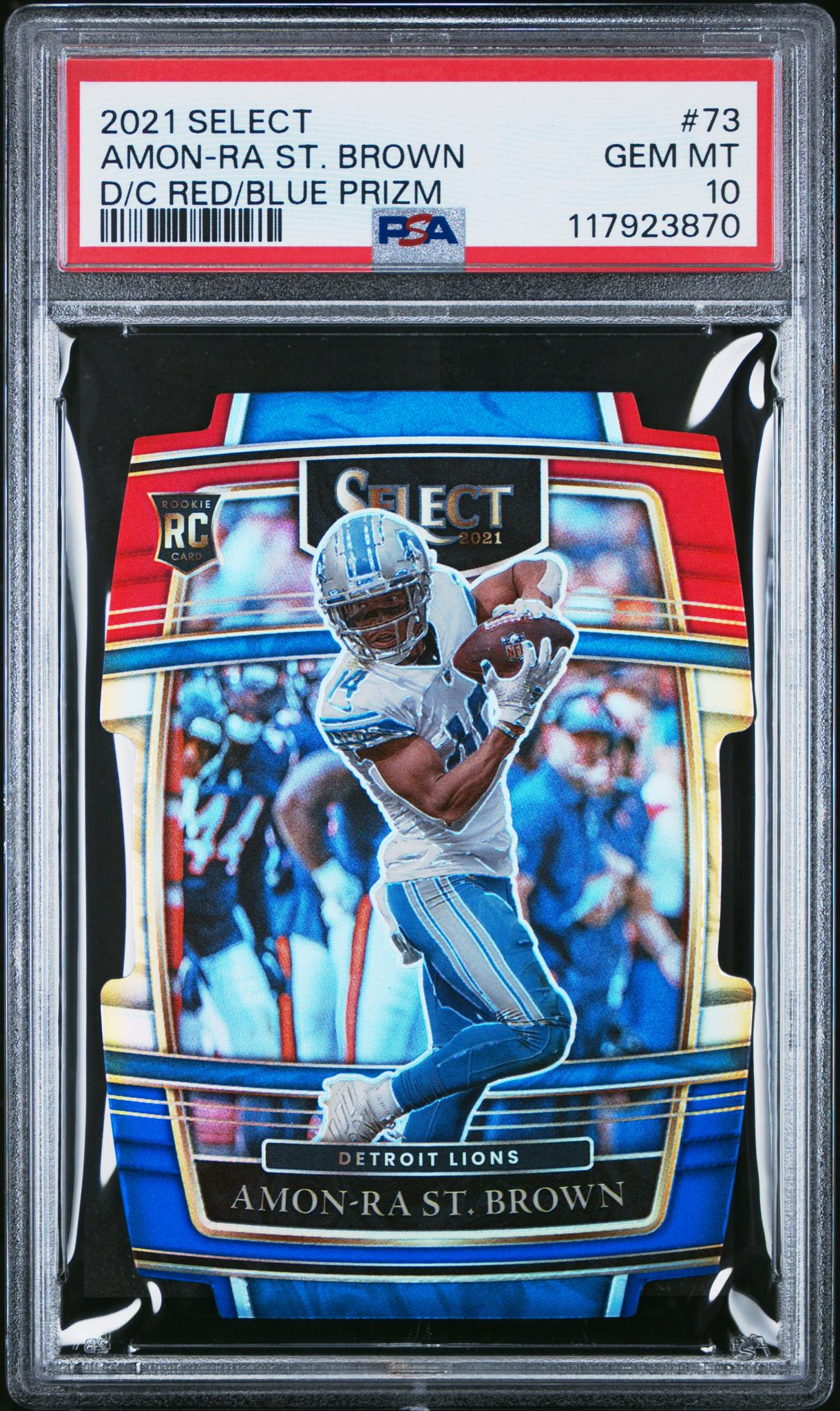 2021 Panini Select Concourse Red and Blue Die Cut Prizm Amon-Ra St. Brown #73 PSA 10