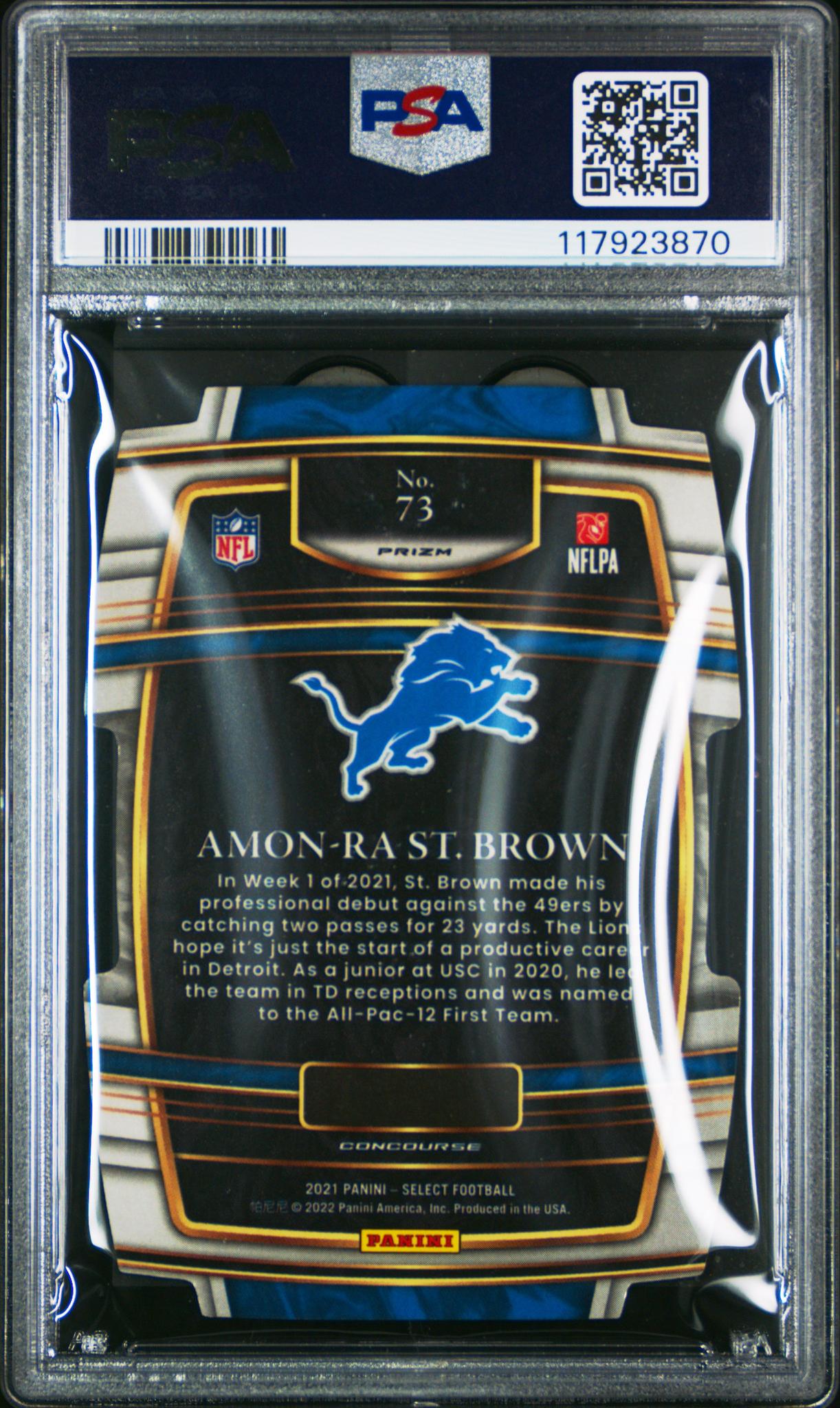 2021 Panini Select Concourse Red and Blue Die Cut Prizm Amon-Ra St. Brown #73 PSA 10