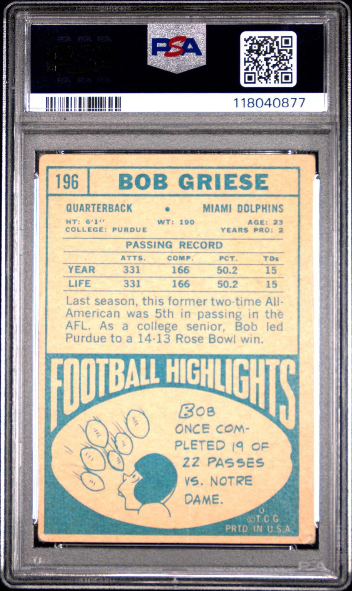 1968 Topps Football Bob Griese #196 RC PSA 1.5
