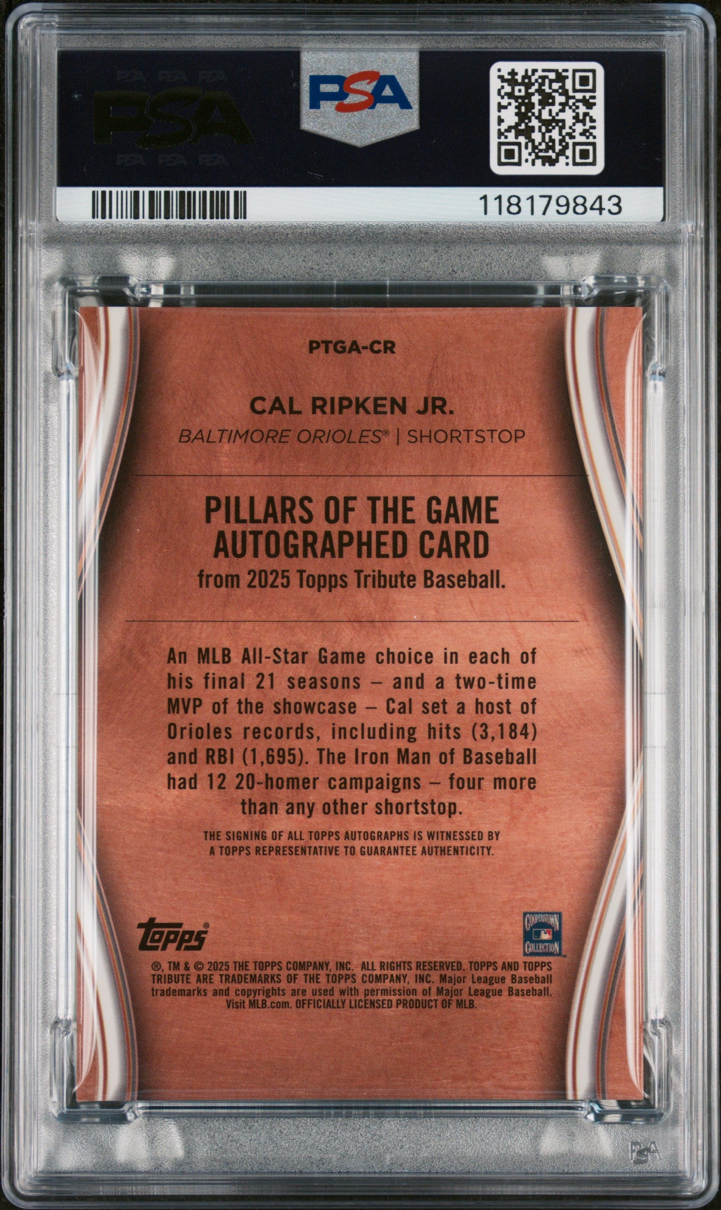2025 Topps Tribute Pillars of the Game Red Cal Ripken Jr #PTGA-CR Auto /10 PSA 9