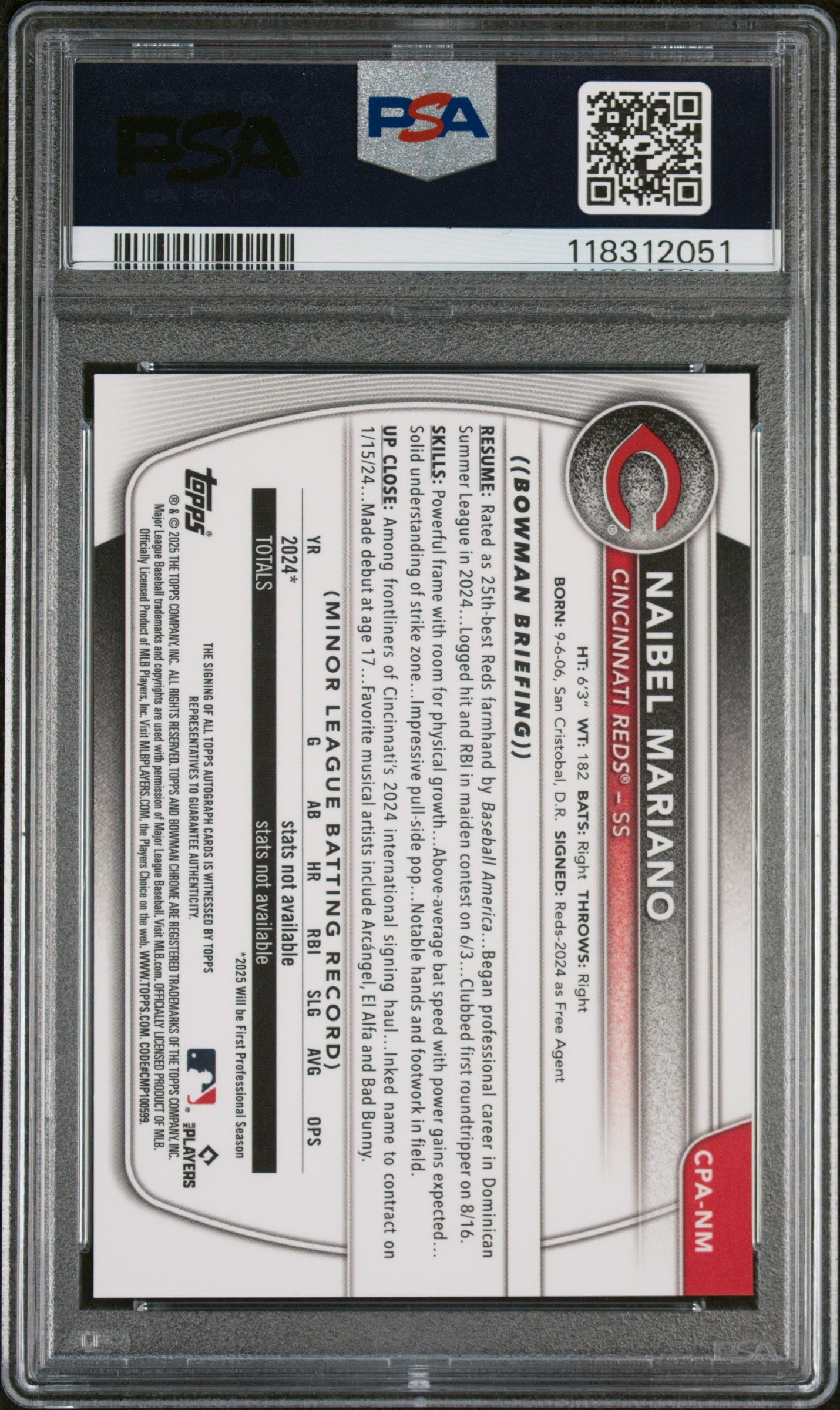 2025 Bowman Chrome Prospect Autograph Naibel Mariano #CPANM PSA 10