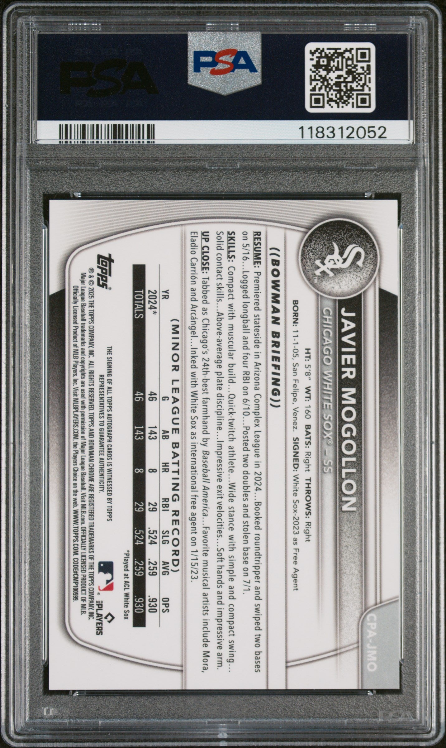 2025 Bowman Chrome Prospect Autograph Purple Refractor Javier Mogollon #CPAJMO /250 PSA 10