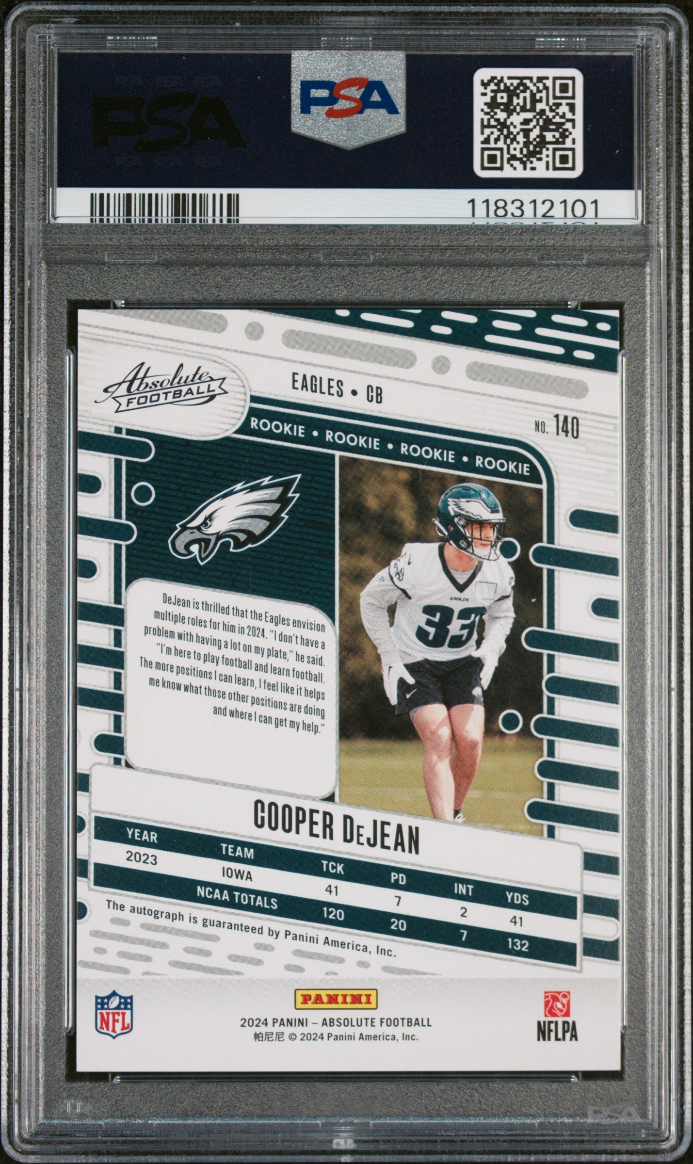 2024 Panini Absolute Football Signature Cooper DeJean #140 RC Auto PSA 10