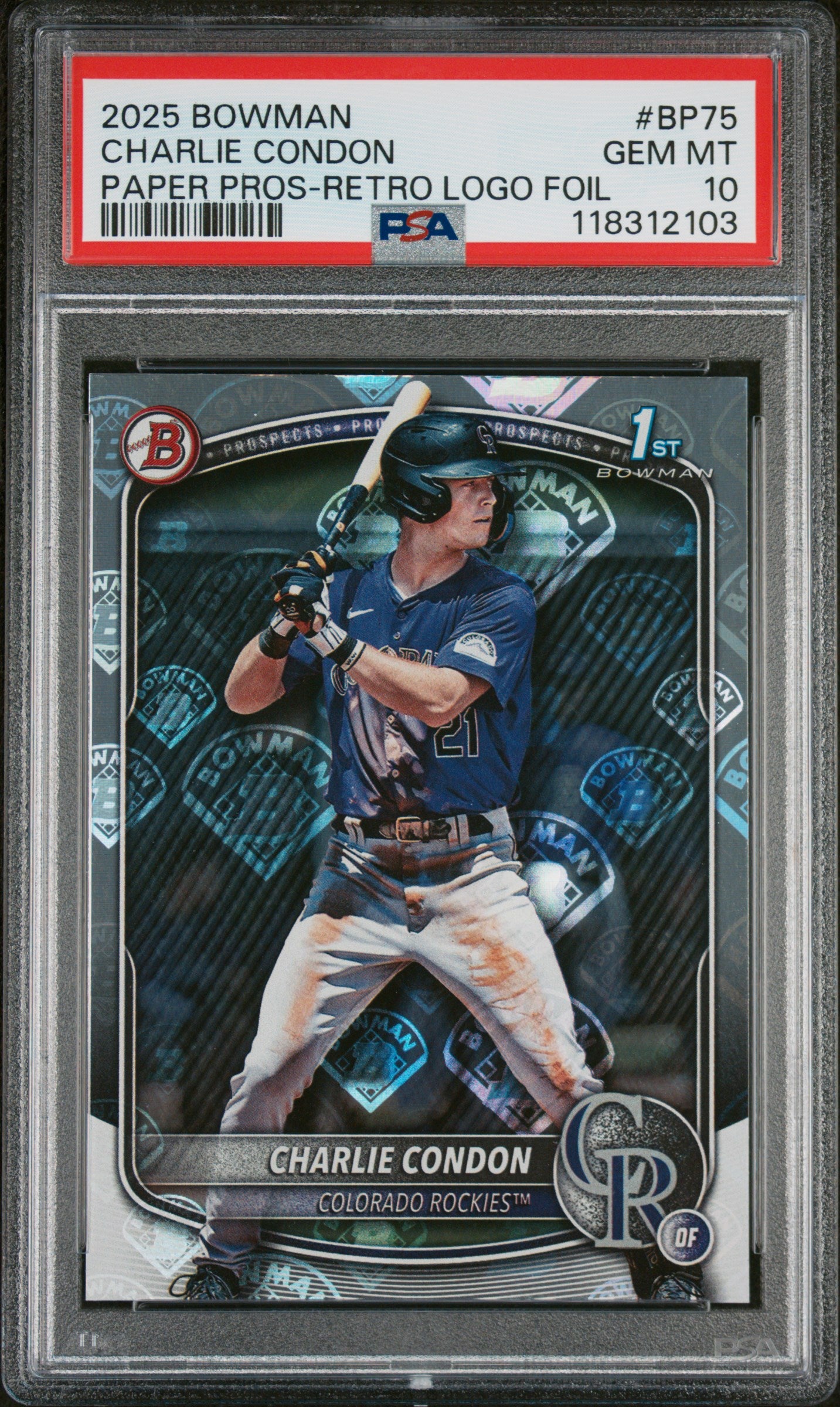 2025 Bowman Paper Prospects Bowman Retro Logo Foil Pattern Charlie Condon #BP75 PSA 10